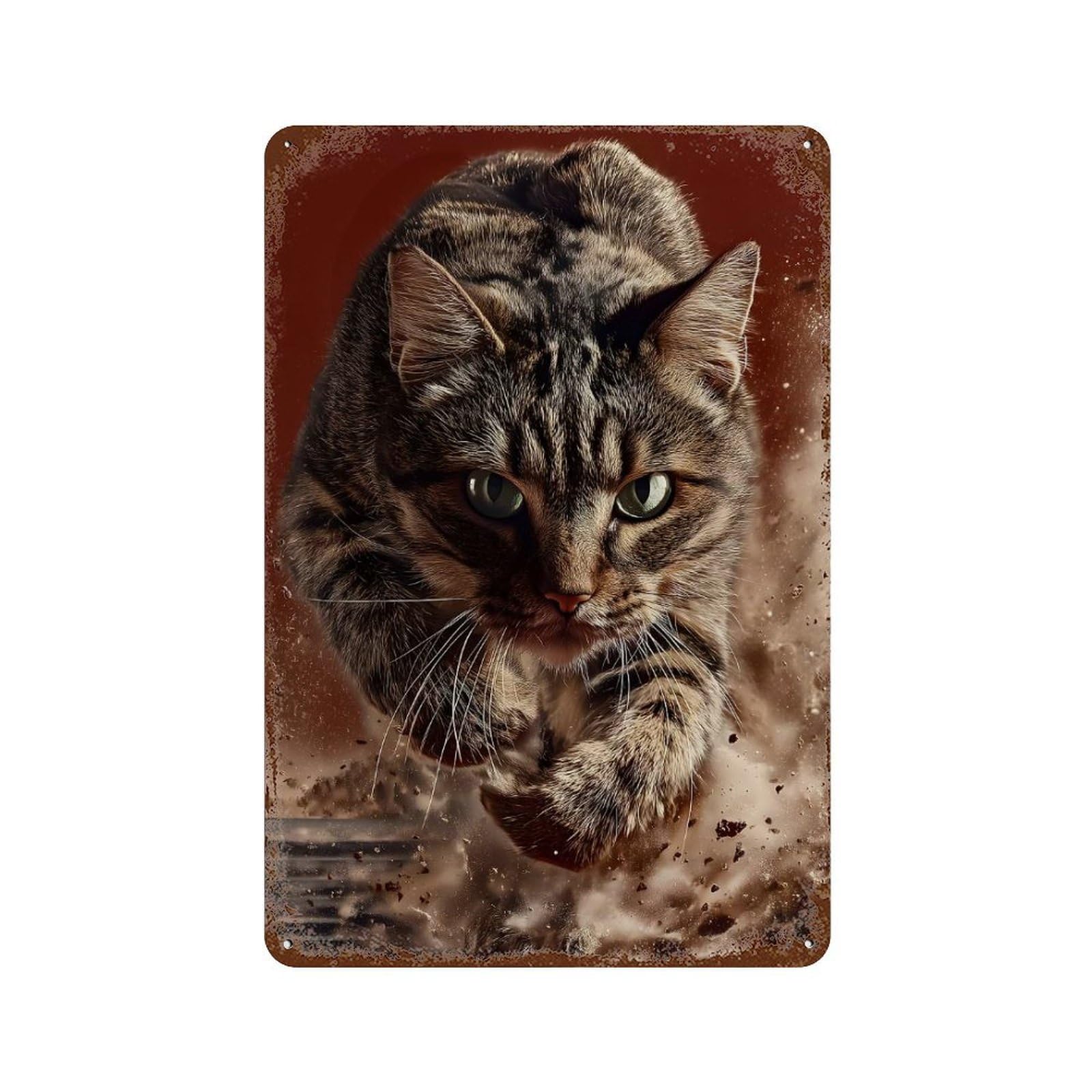 Focused Tabby Cat Leaping Forward Vintage Metal Tin Sign 11.8"x7.9", Farmhouse Wall Decor for Patio, Garden Room And Bar Decor