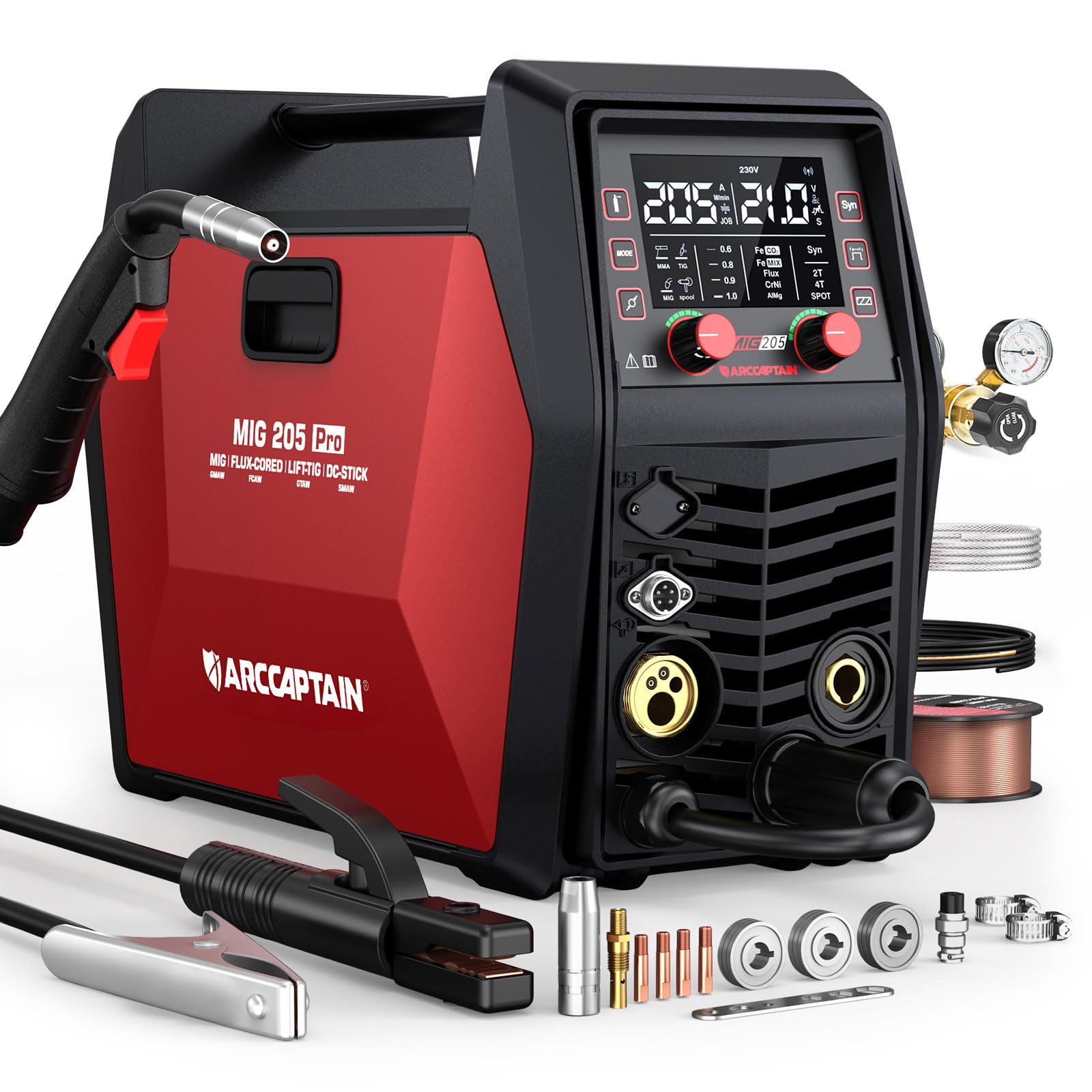 ARCCAPTAIN 205A Welder 6 in 1 Welding Machine with APP Control iControl No Gas MIG/Gas MIG/MMA E-Hand/Lift TIG/Compatible with Spool Gun/Spot Welding, IGBT Inverter Welder 230V