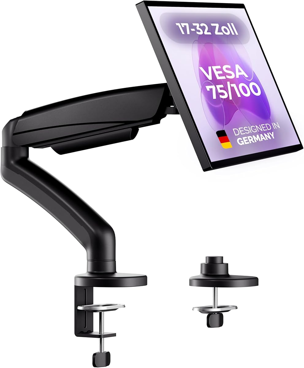 Monitor Halterung 1 Monitor - Monitor Arm für 17-23 Zoll Flach- & Curved-Bildschirme, Gasfeder-Monitorarm bis 9kg - 360° Schwenk-, 90° neig- und 180° drehbar, VESA 75/100 mm (Schwarz)