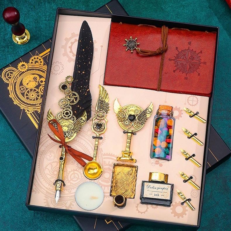Image of PLUSPOINT Vintage Quill Pen & Ink Set Elegant Writing Luxury Fountain Calligraphy Ink Pen Set with Diary Wax for Stamp Retro Decor Dip Pen Office Stationery Corporate Gifting for Signature,Multicolor