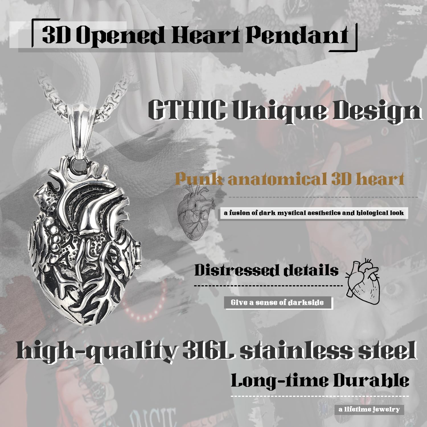 GTHIC Ciondolo a Cuore Aperto Punk in Acciaio Inossidabile per Uomo Donna Collana di Anatomia Umana di Piccole Dimensioni di Grandi Dimensioni in Argento, Nero, Oro con Catena