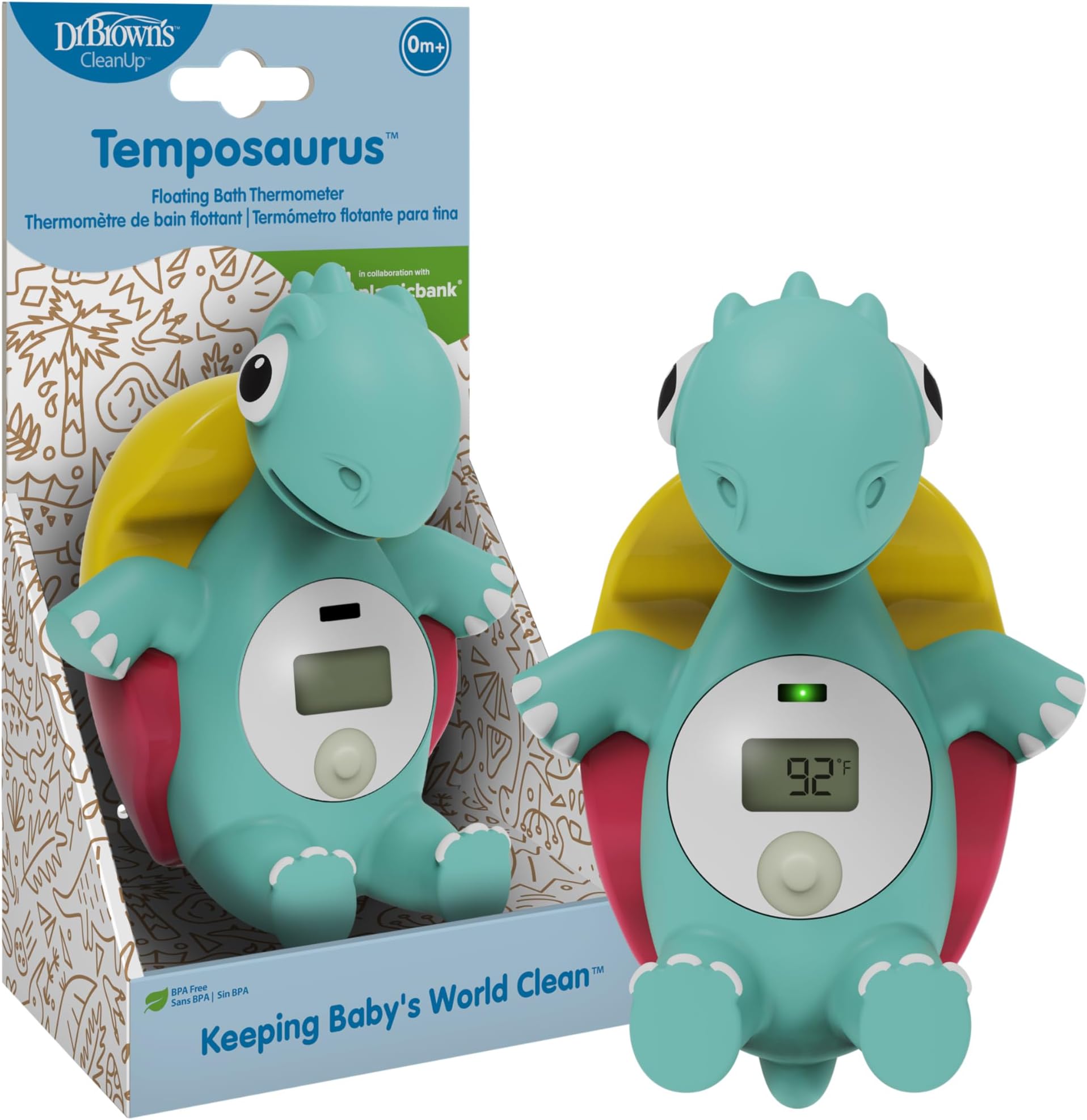 Dr. Brown's CleanUp Temposaurus Floating Bath Thermometer for Accurately Measuring Baby's Bath Water Temperature, BPA Free