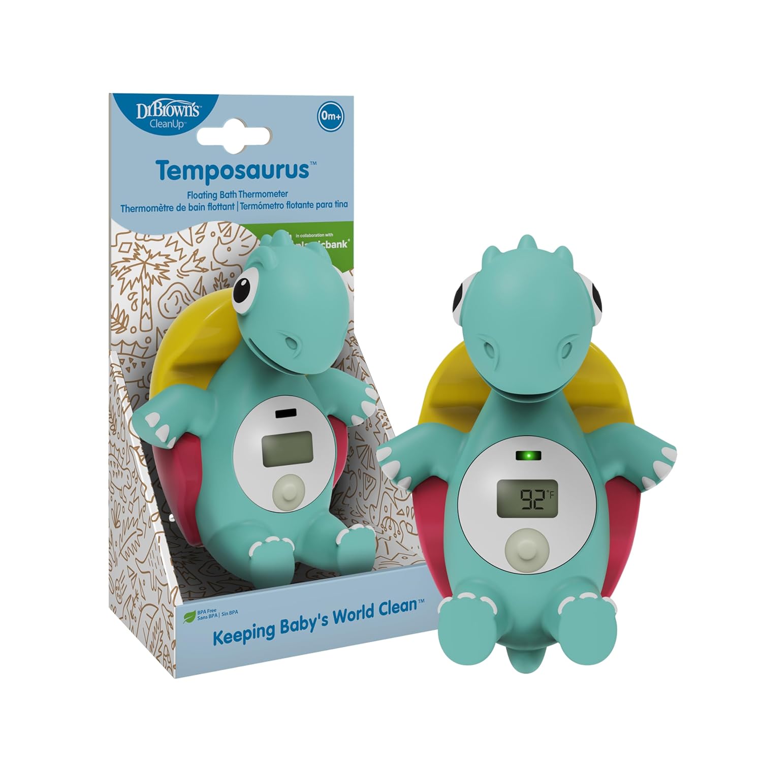 Dr. Brown's Temposaurus Floating Baby Bath Thermometer - Accurate Digital Temp, Color-Changing Light, BPA-Free Dino Toy