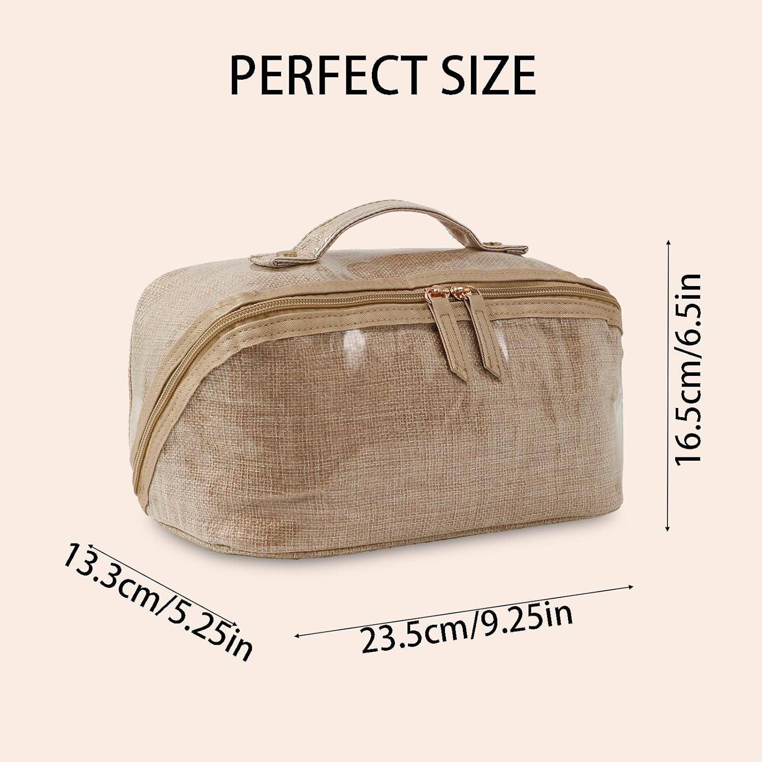 DYSHAYEN Stripe Travel Makeup Bag with Compartments Clear Coated Cosmetic Bag for Women, Waterproof Portable Open Flat Toiletry bag （Linen）