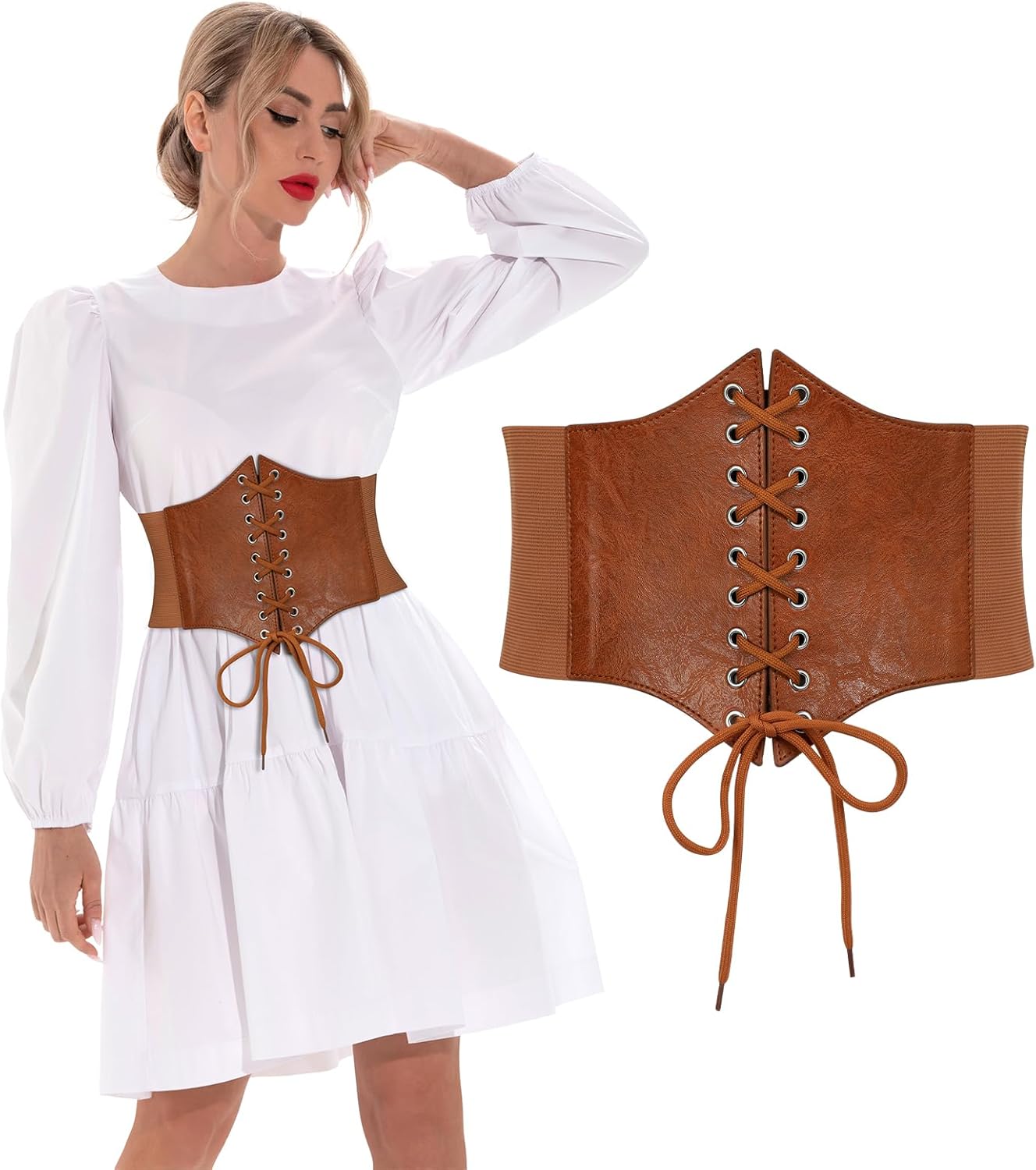 TRIWORKS Corset Belt for Women, Lace Up Elastic Waist Belt,Tied Waspie Corset Belts for Women Halloween Costume,Brown - Image 7
