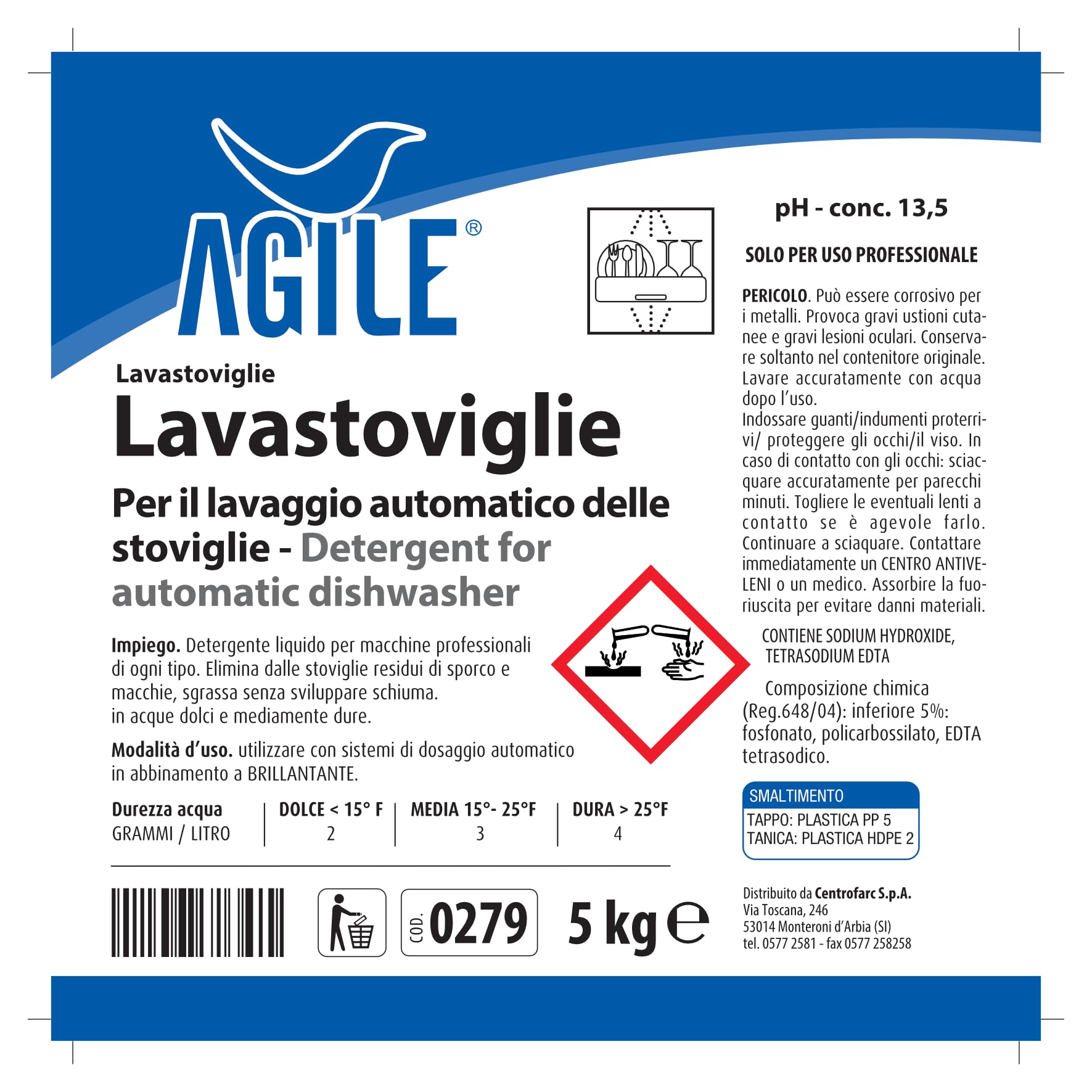 AGILE® LAVASTOVIGLIE - DETERGENTE ALCALINO PER LAVASTOVIGLIE PROFESSIONALI - cartone da 4 taniche da 5kg