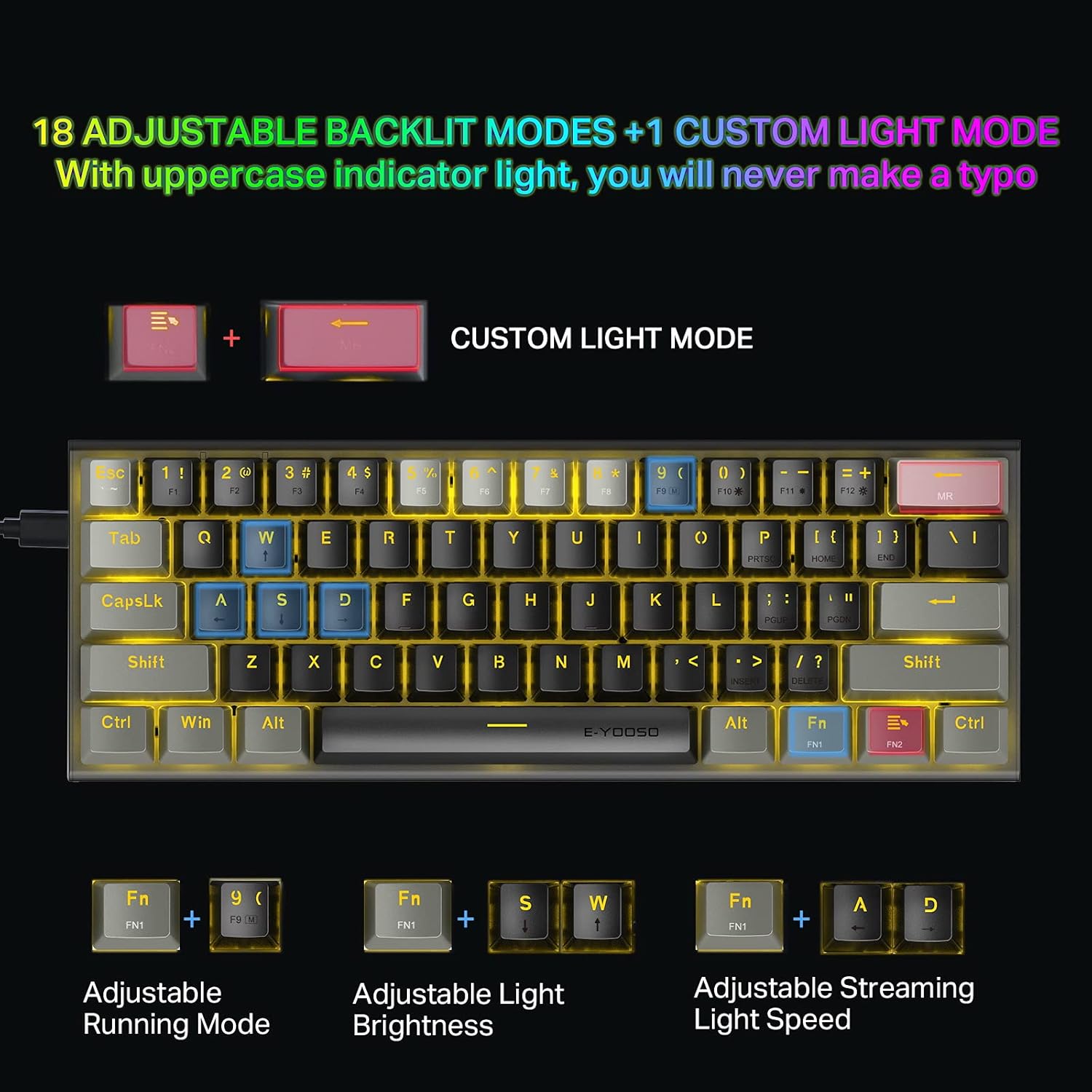 Portable 60% Mechanical Gaming Keyboard,18 Backlit Mini Keyboard, Small Ultra-Compact 61 Keys Wired Office Keyboards with Blue Switch, Anti-ghosting for PC/Mac Gamer Window Laptop (Black Grey)