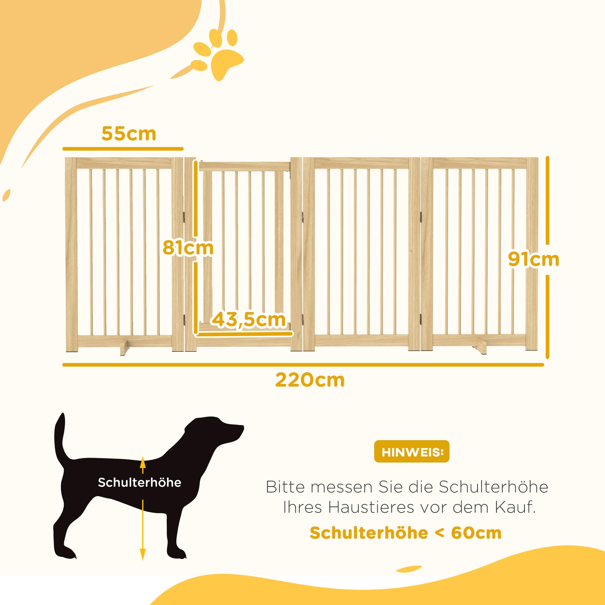 PawHut Griglia di Protezione Cane Autoportante 220 x 91 cm Legno