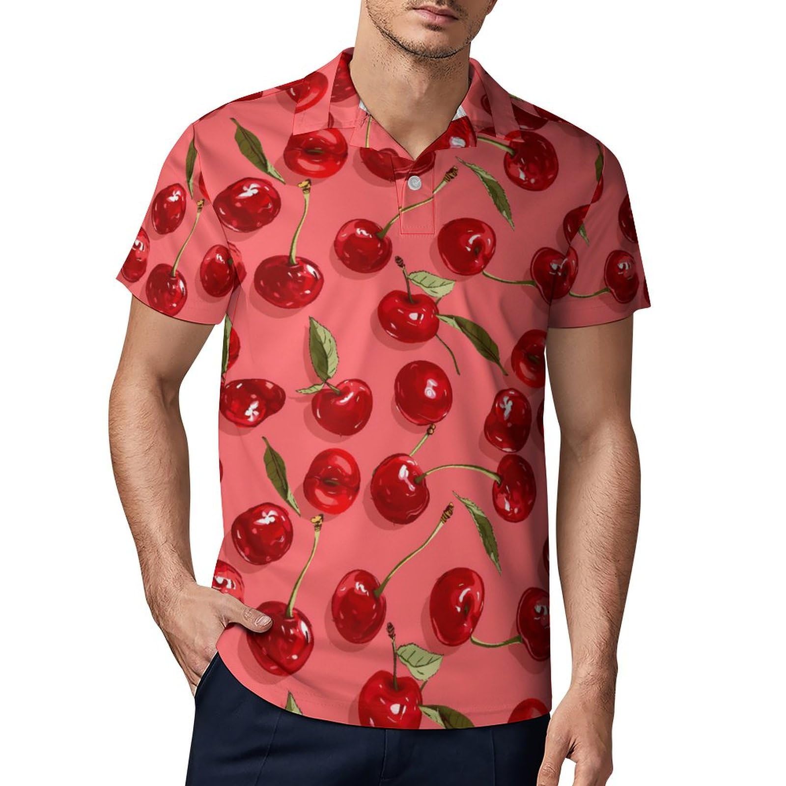 Red Fresh Cherries Fruit Novelty Men's Short Sleeve Shirts Funny Golf Tennis Work T-Shirt Sport Tee 3XL