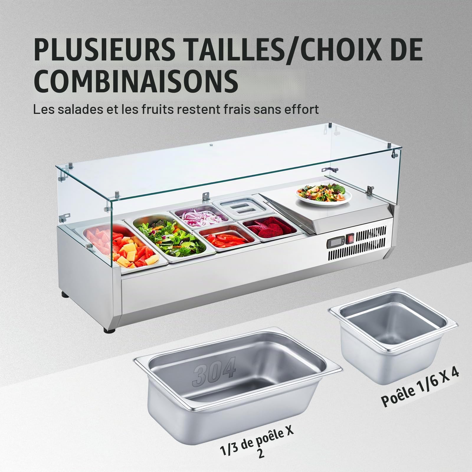VEVOR Saladette Réfrigérée à Poser 140 W, Vitrine Réfrigérée pour Pizzeria, avec 2 1/3 Casseroles et 4 1/6 Casseroles, Corps en Inox 304 et Couvercle en PC, pour Préparation de Sandwich Ingrédients