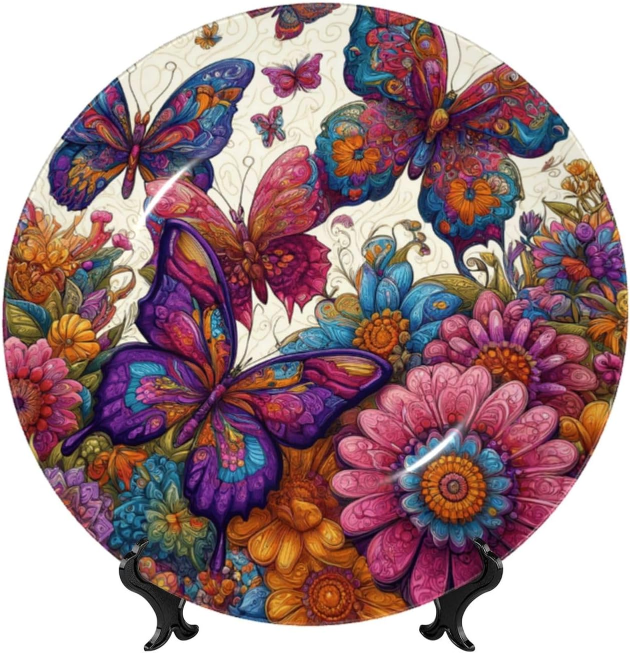 Watercolor-Butterflies-Floral 10 Inch Decorative Plate With Stand, Elegant Display Wall Plate For Home Decor