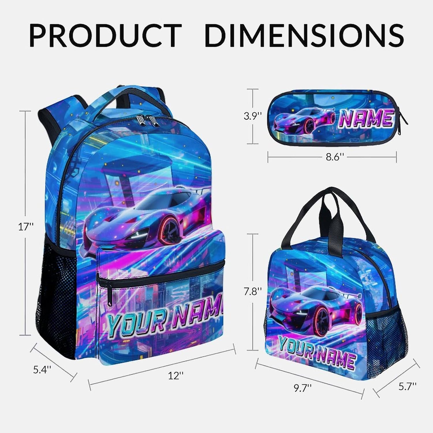 Boys Backpack, Personalized School Back Pack Set, Racing Car Backpack for Kids Ages 6-8, 17 Inch Toddler Schoolbag with Lunch Box and Pencil Case