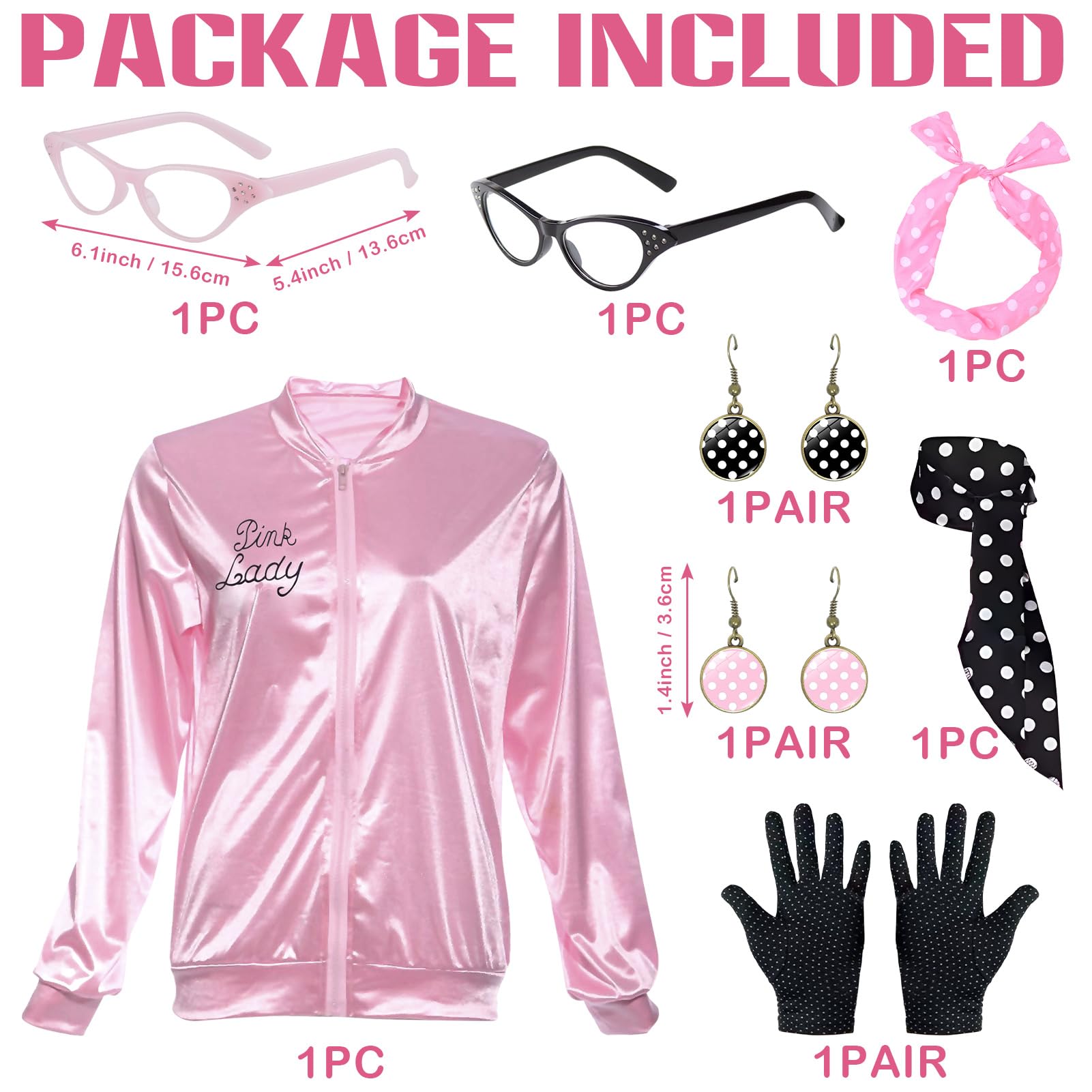 Suffolly Pink Lady Jacket 50s Pink Ladies Grease Outfit with Accessories Earrings Glasses Scarf Headband 1950s Costume Set Fancy Dress for Women Halloween 90S 80s Party (Suit A - Image 3