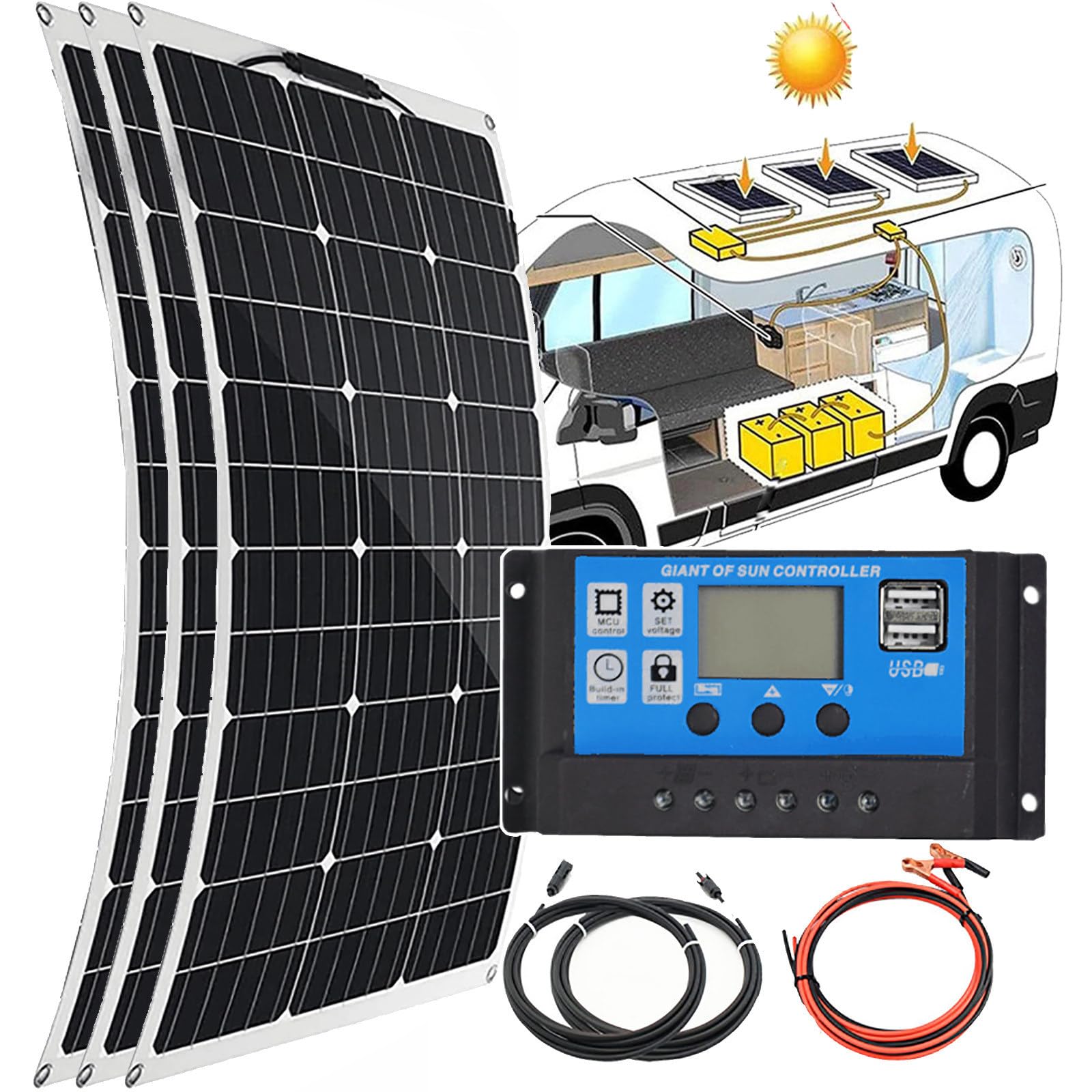 SNBGRYE Kit Pannello Solare 150W 300W 450W 600W, Pannello Solare Monocristallino, con Controller 40A, Caricabatteria Impermeabile 12V, per Tetto, Camper, Barca, Superfici Irregolari - 30°,450W