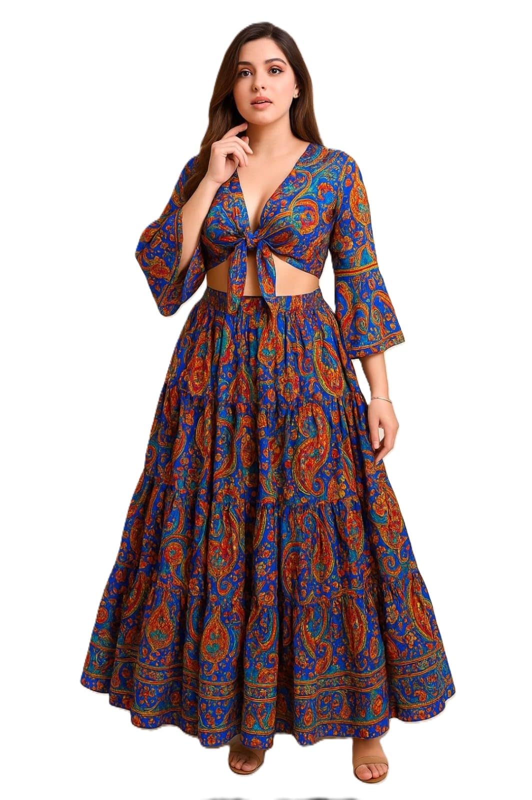 Women Fashion Printed Wrap Top Suit Set Perfect for Beach, Stylish Lehenga Type (IN, Alpha, L, Plus Size, Blue)