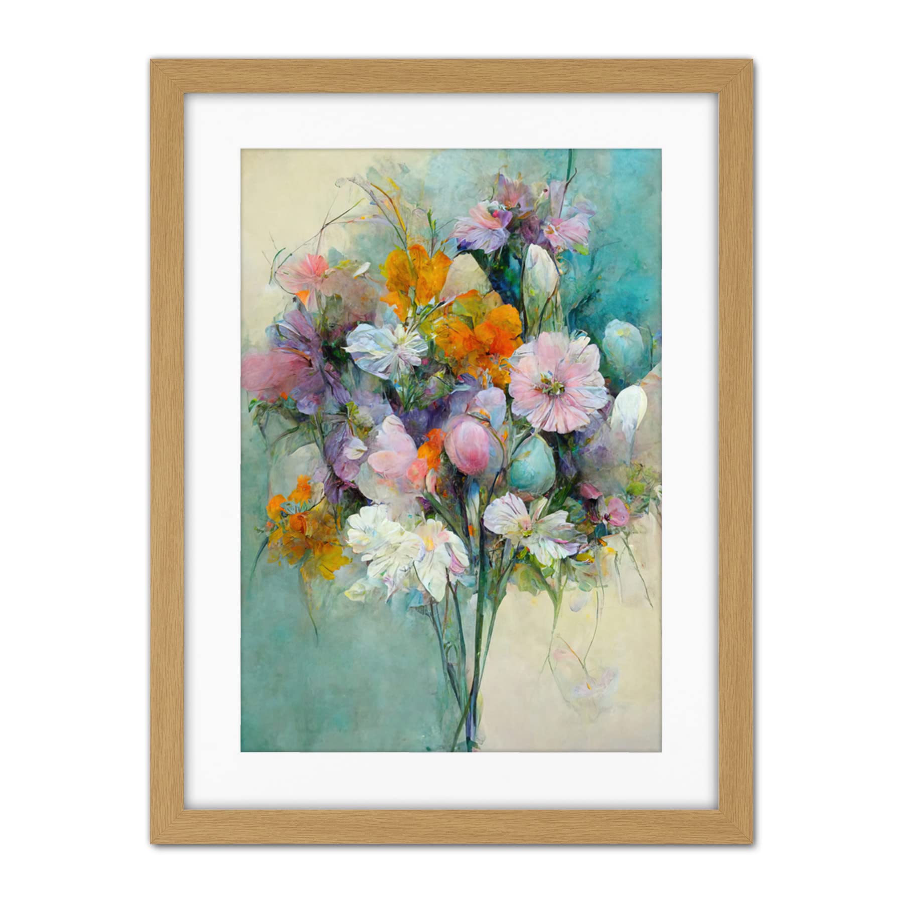 Doppelganger33 LTD Watercolour Pink Orange And Teal Spring Flower Bouquet Illustration Artwork Framed Wall Art Print 18X24 Inch