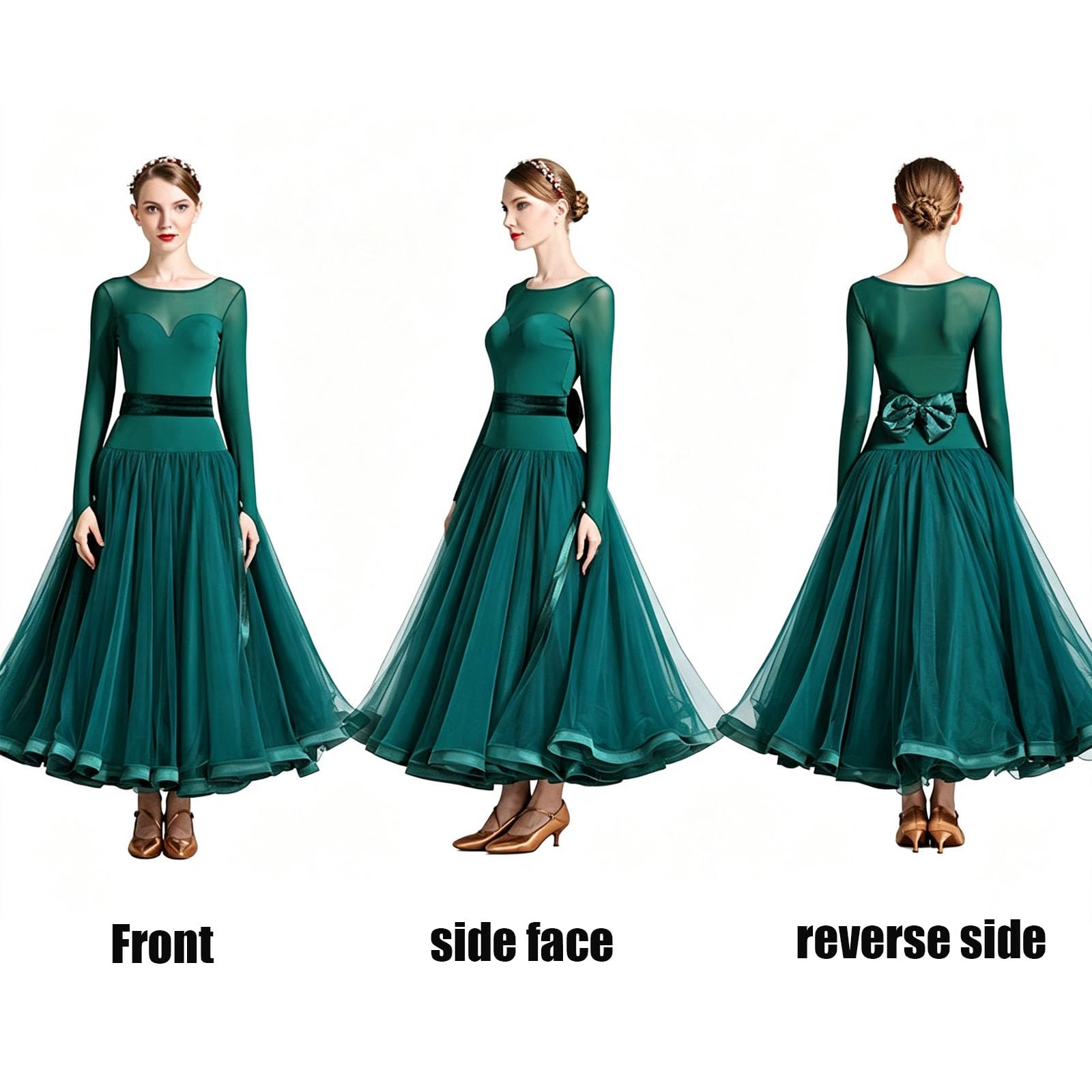 Robe Danse Salon Femme Manches Longues Résille Jupe Tulle Compétition Valse | Robe de danse de salon, Tenue de compétition danse standard, Robe de Compétition Valse Col rond Jupe Grande Volante en Tulle