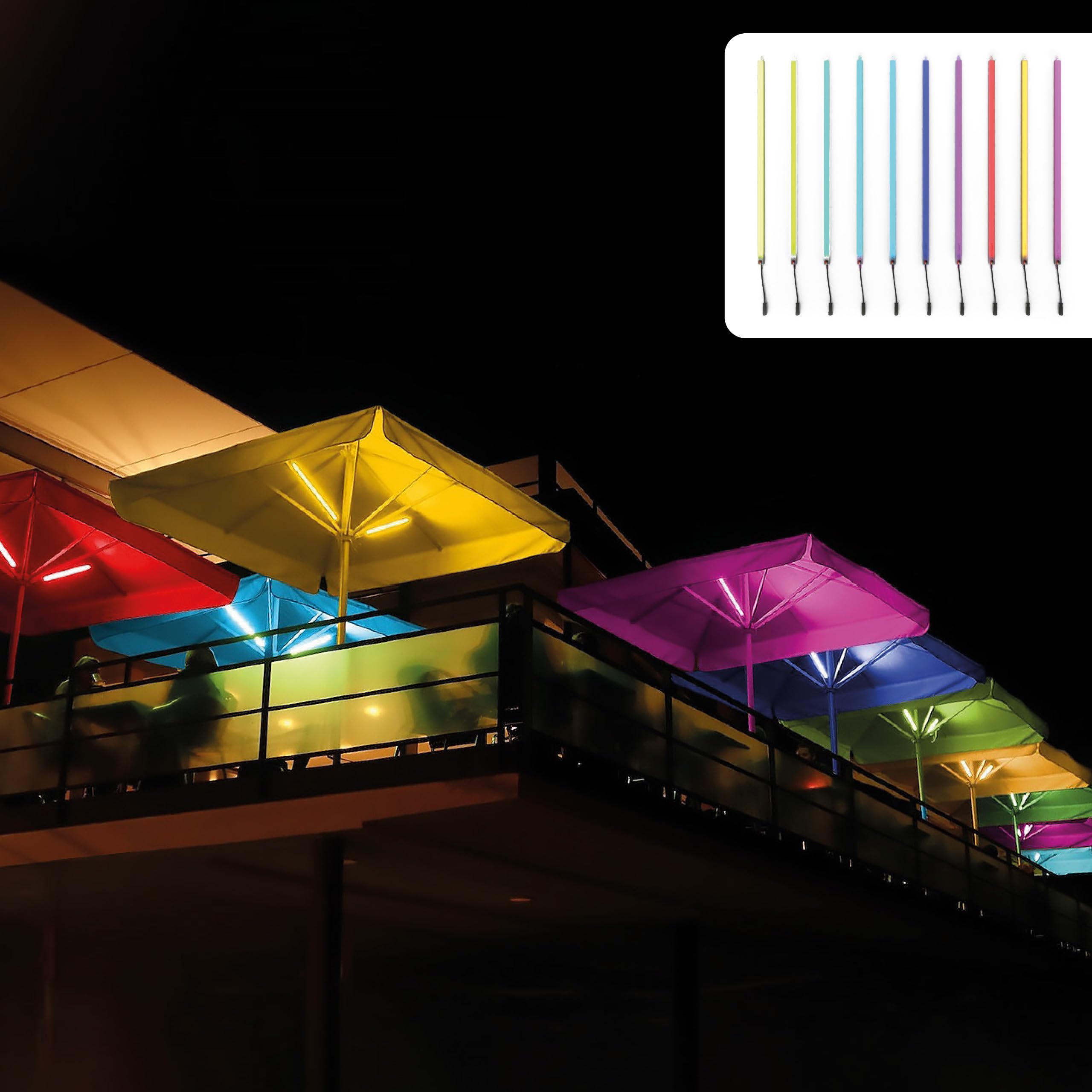 Lume1 Sonnenschirmbeleuchtung mit Fernbedienung, Sonnenschirmleuchter, Lampen für Garten, 2 LED warmweiß Leisten mit 1000 Lumen für angenehme Beleuchtung, Akku enthalten (Smart 2er)