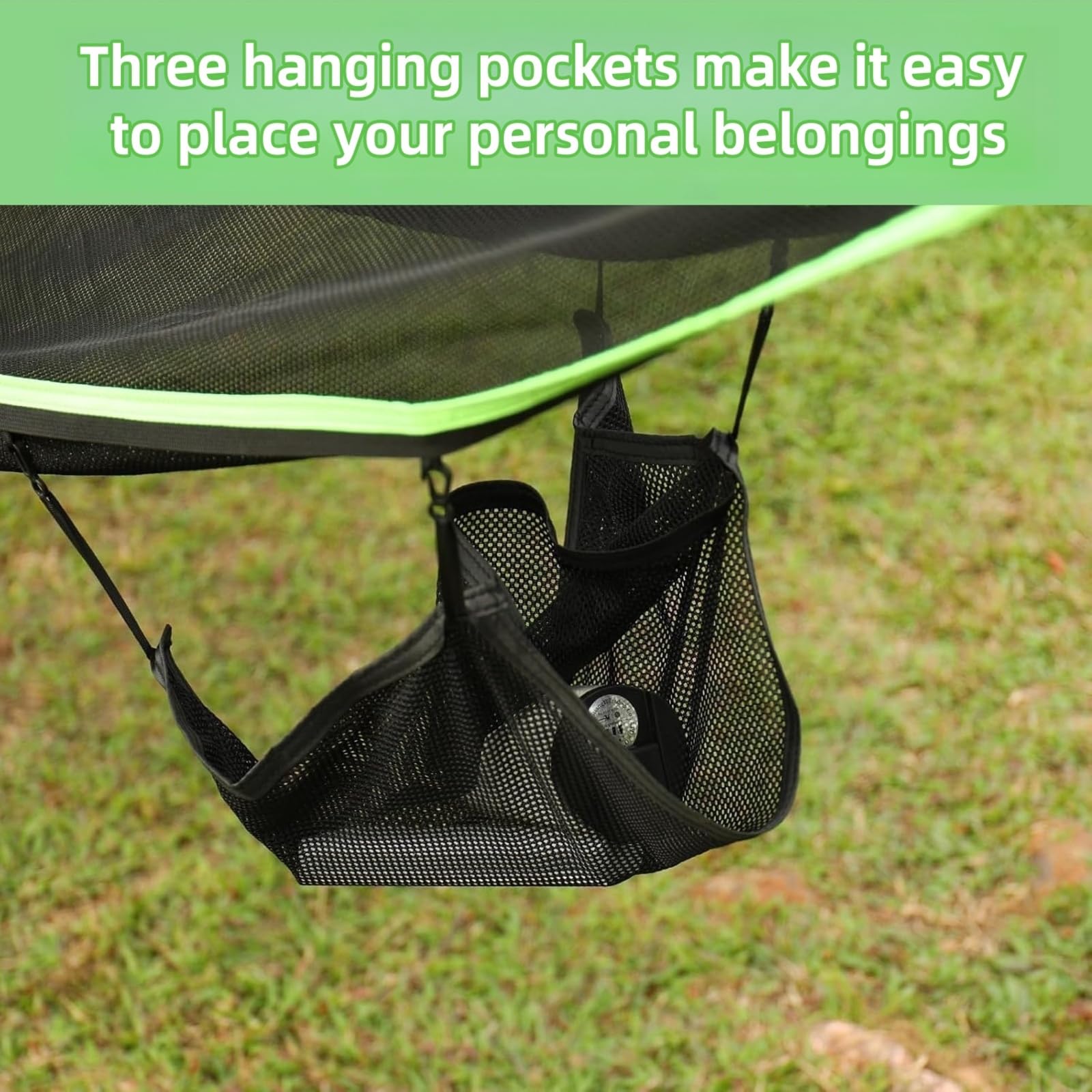 Hamaca triangular para camping, viaje portátil al aire libre de 13 pies, soporta hasta 800 libras, incluye 3 correas de amarre de trinquete y bolsillo de red, se adapta a 2-6 adultos o niños