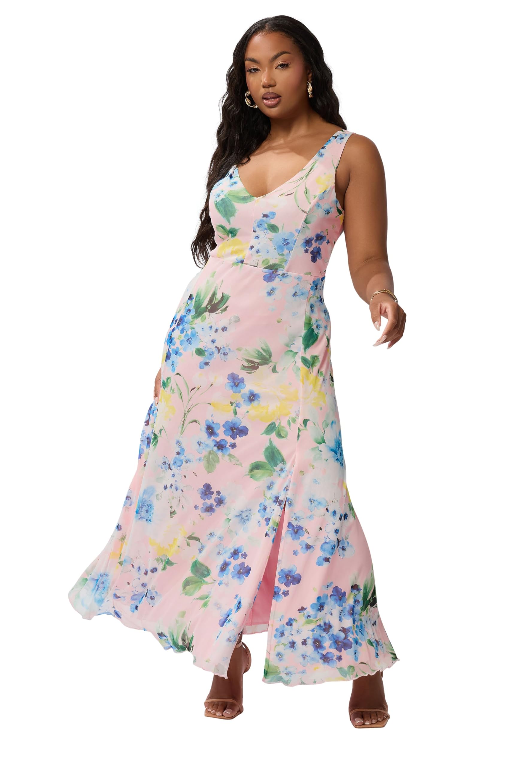 Yours Women's Pink London Curve Mesh Floral Print Sleeveless Maxi Dress - Plus Size Curve