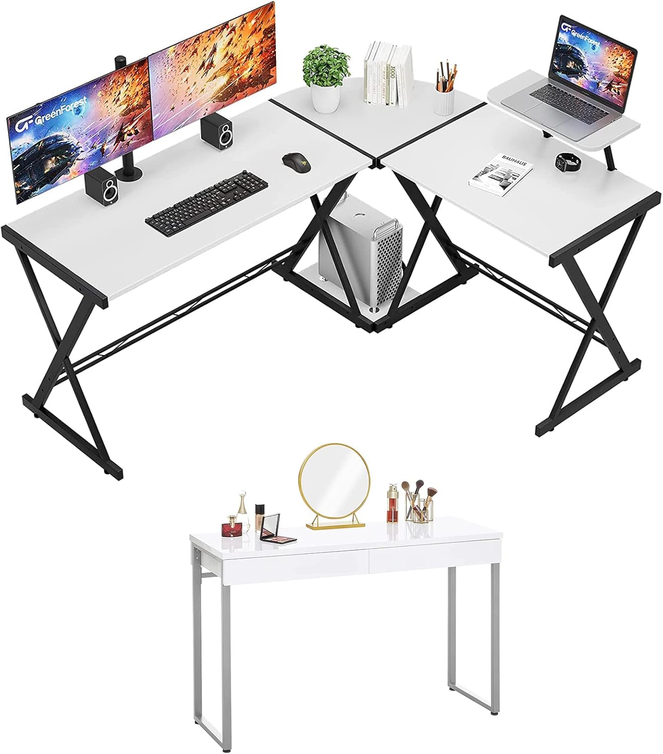 GreenForest L Shaped Desk Reversible with Vanity Desk with