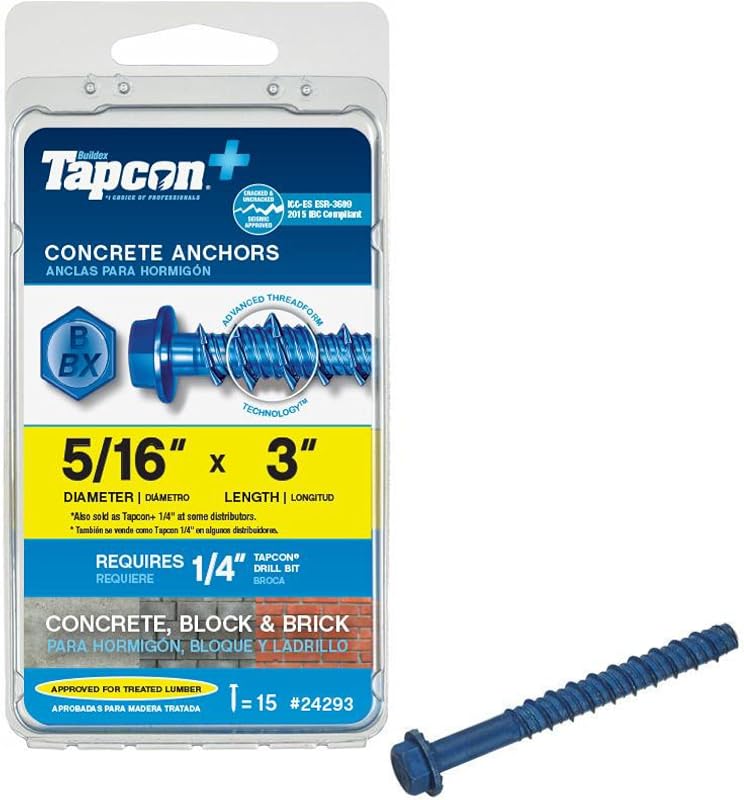 Tapcon+ Anclajes para concreto con cabeza hexagonal de alta resistencia de 5/16 x 3 pulgadas, 15 piezas, revestimiento Climaseal™ azul resistente a la corrosión, uso clasificado para exteriores, tornillos para bloques de concreto y ladrillos de mampostería, la broca se vende por separado | Recubrimiento Climaseal™ azul resistente a la corrosión y de alta resistencia, uso clasificado en exteriores, tornillos para bloques de concreto y ladrillos de mampostería