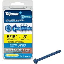 Tapcon+ 5/16 x 3 Inch Heavy-Duty Hex Head Concrete Anchors, 15 PCS, Corrosion Resistant Blue ClimasealTM Coating, Outdoor Rated Use, Concrete Block & Masonry Brick Screws, Drill Bit Sold Separately