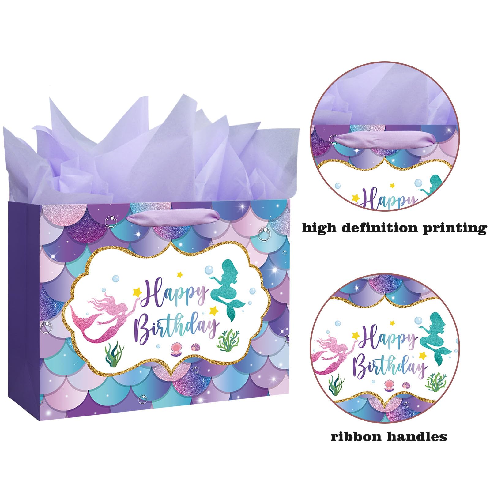 16.5" Large Mermaid Happy Birthday Gift Bag with Handle, Tissue Paper and Card for Kids Girls (16.5in Purple)