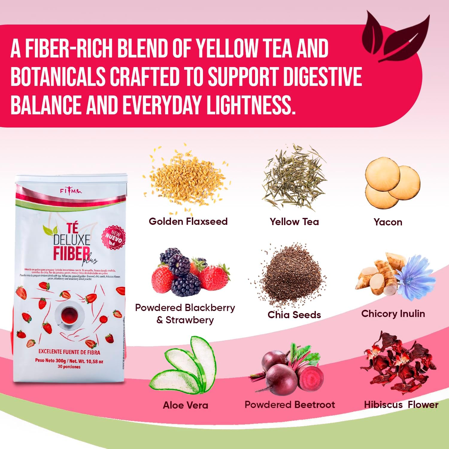 Te Deluxe Fiber Plus Digestive Support Tea Blend with Yellow Tea, Flaxseed, Chia & Aloe Vera, Natural Fiber & Herbal Infusion with Strawberry, BlackBerry & Beetroot, Stevia Sweetened - 30 Servings