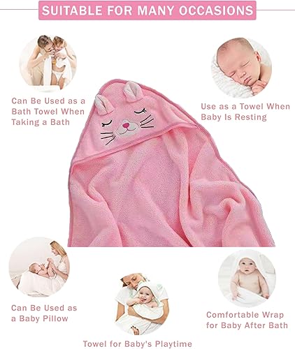 Miniatura 4 de btsoprz Toallas de baño con capucha de gato rosa para niños pequeños, regalos de ducha de animales de dibujos animados, absorbente y suave, 32 x 32