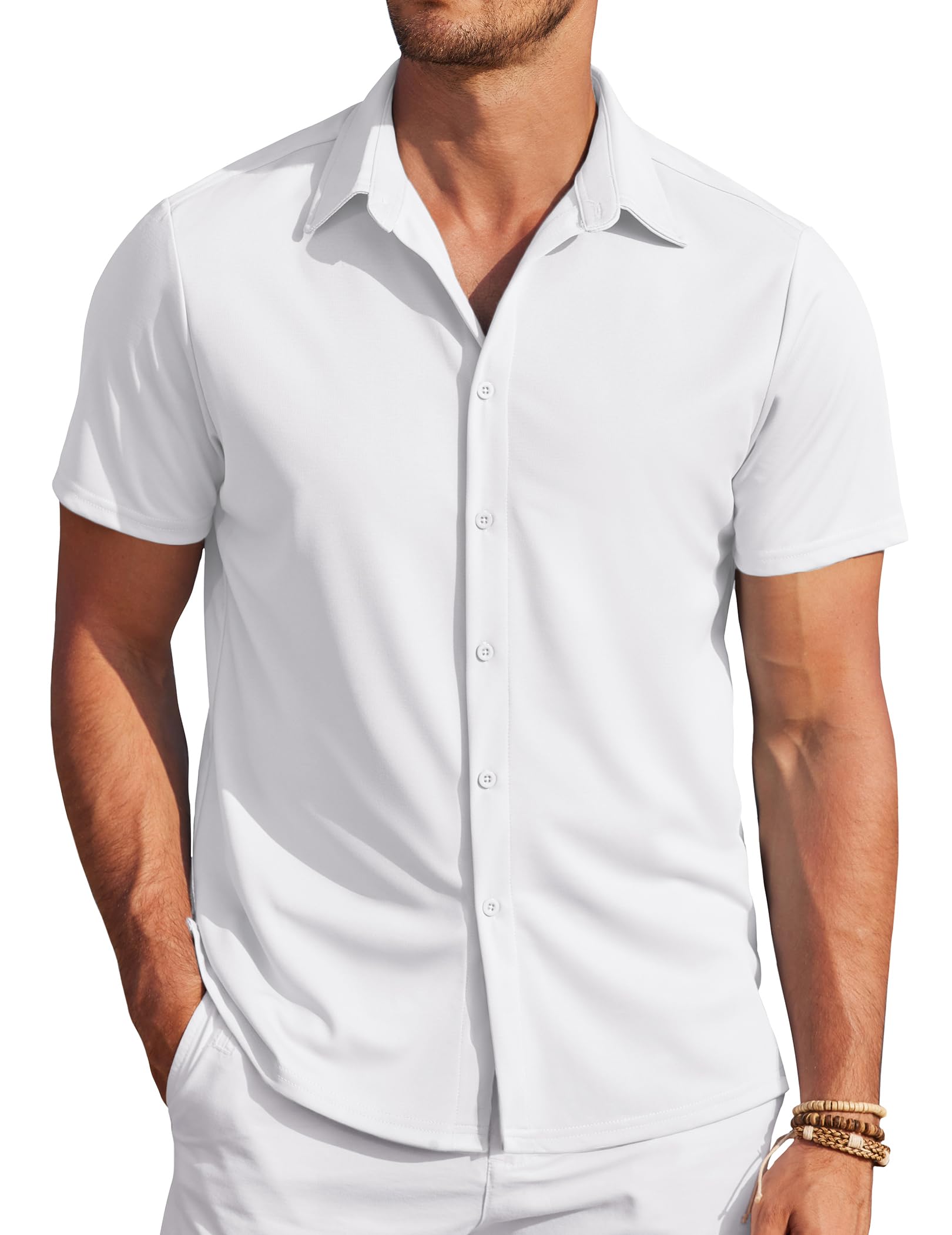 COOFANDY Camisa de manga corta para hombre, sin planchado, informal, con botones, para el tiempo libre, para la playa, monocolor, verano, vacaciones, camisas