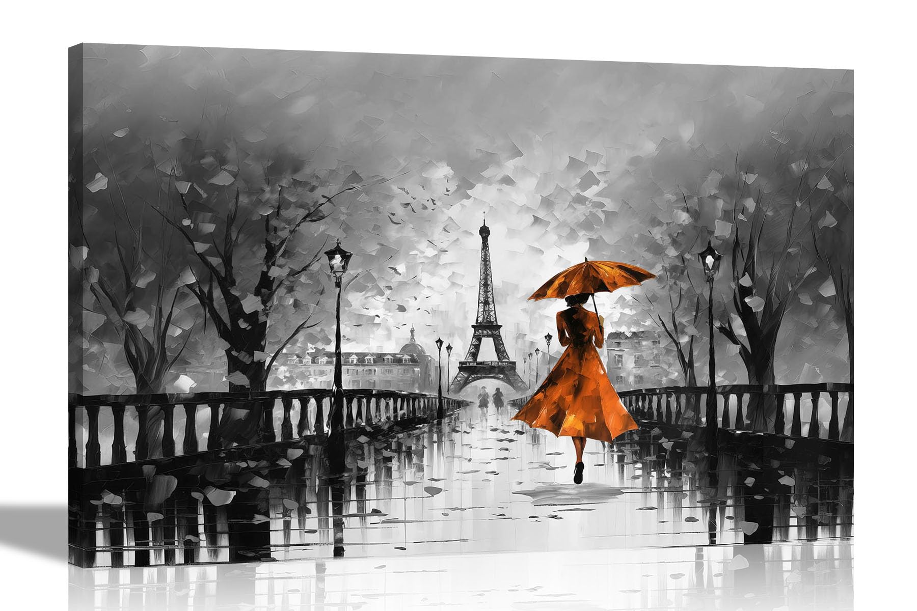 Black and White Calm Of The Rain in Paris Orange Abstract Canvas Wall Pictures | Framed Art Prints for Livingroom, Bedroom Office 60 x 40cm (24 x 16 inches) A2