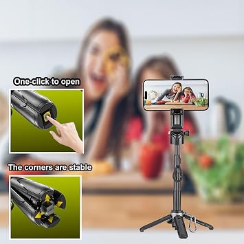 Selfie Stick Stand for Phone,Portable Pocket Size and Rechargeable Remote and Metal Ring,Extendable Detachable Cell Phone Tripod Compatible with All Cell Phones (Black)