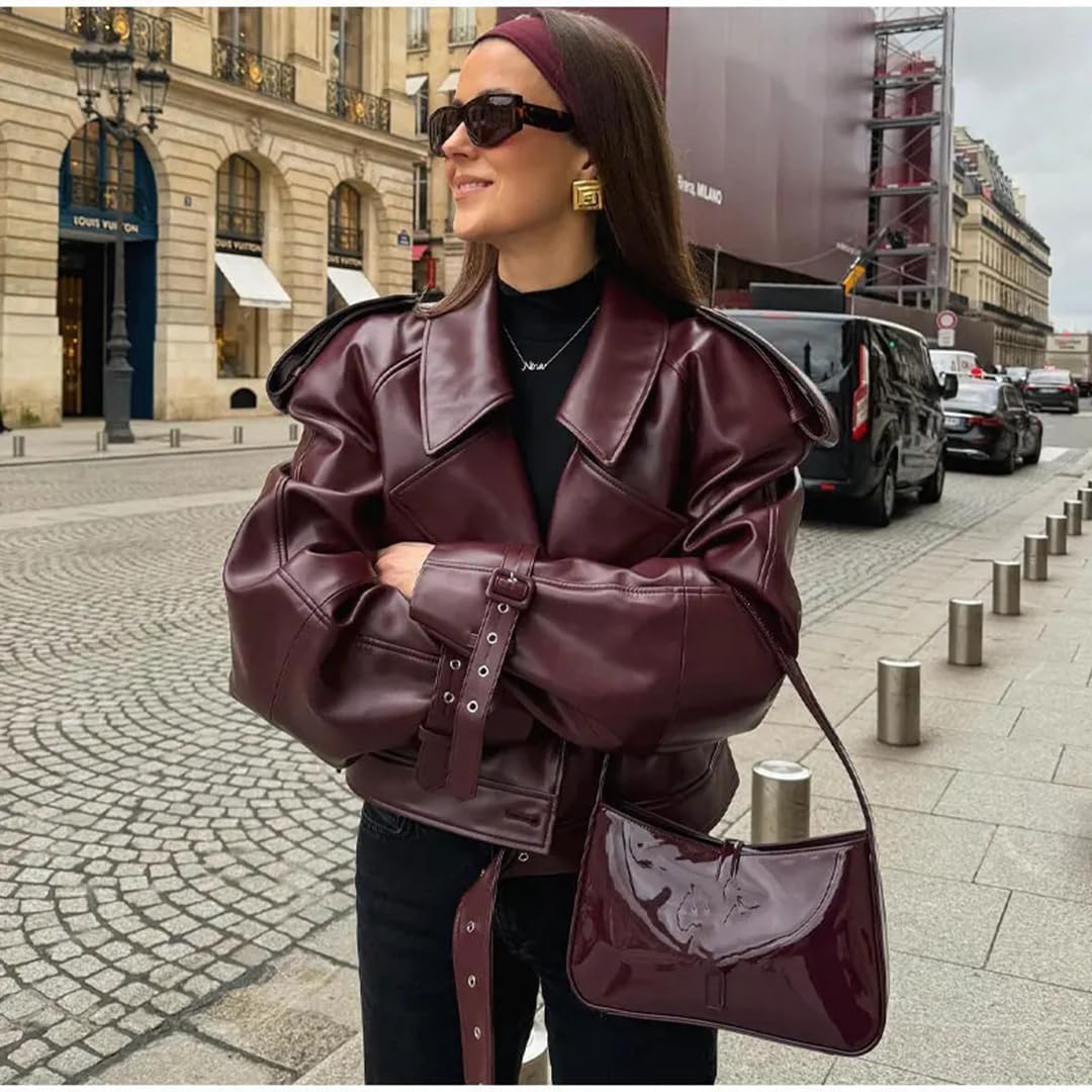 Generico Giacca Da Donna in PU Con Revers Retrò Stile Motociclista Tendenza Moda Giacca Da Ufficio Elegante Casual E Comoda A Maniche Lunghe Per Primavera E Autunno