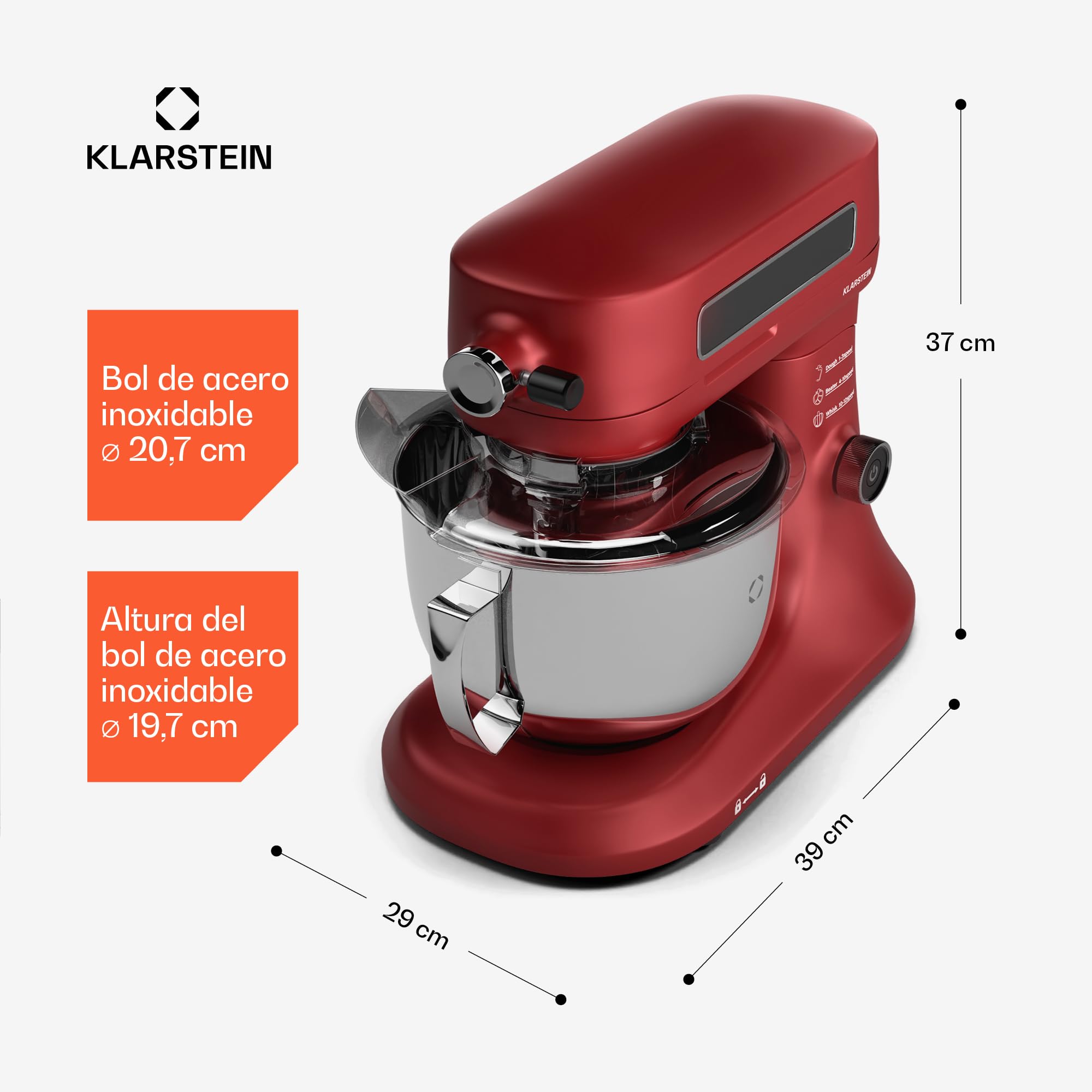 Klarstein Chiara Robot de Cocina 1600W – Bol 5L Acero Inoxidable, 12 Velocidades, Pantalla Táctil LCD, Silencioso ≤72dB, Accesorios Apto Lavavajillas, Carcasa de Aluminio Fundido, Rojo