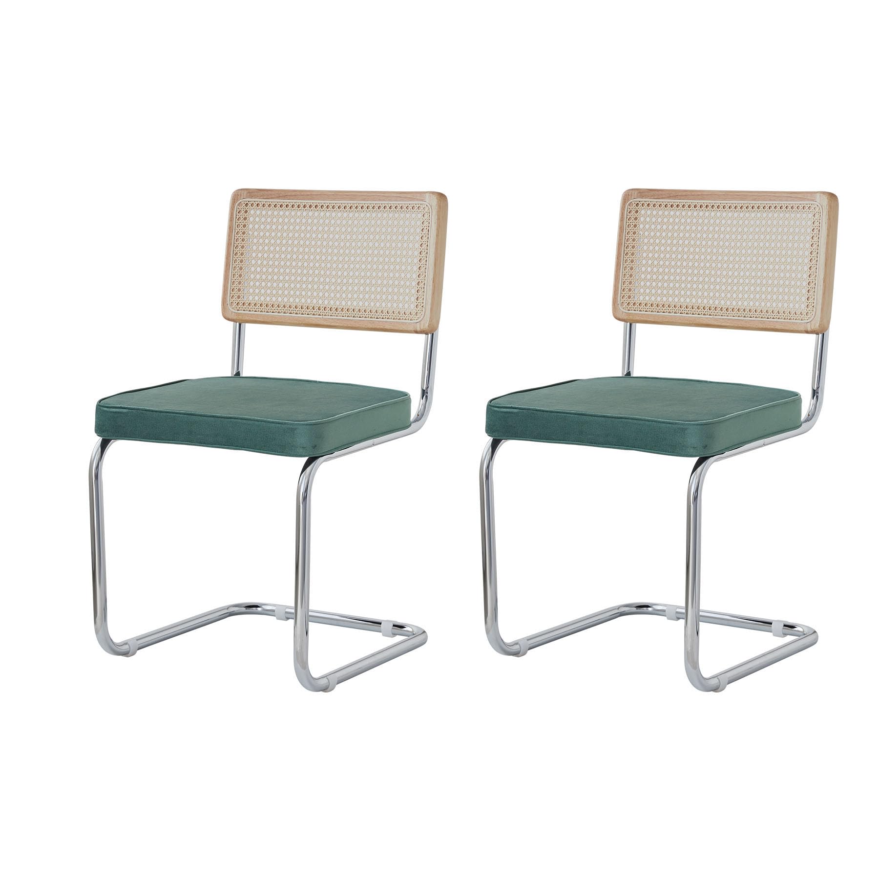 BenyLed Pack 2 Sillas de Comedor Estilo Nórdico Silla Escandinava; Sillas de Cocina Modernas con Respaldo de Madera Maciza de Ratán y Asiento Tapizado (Verde holandés Terciopelo)