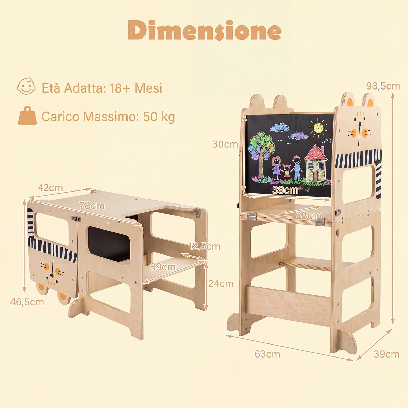 COSTWAY Torre Montessoriana per Bambini, Trasformabile in Tavolo e Sedia | Torre di Apprendimento con Lavagna Pieghevole, Forma di Gatto, Scala Sicura in Legno per Cucina e Bagno, 18+ Mesi