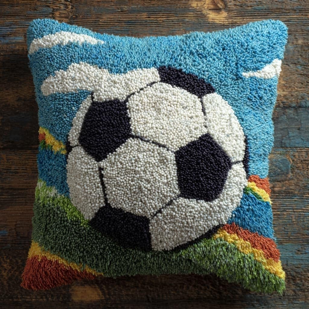 Taxpy Latch Hook Cushion Kits Soccer Pillowcase Kits Embroidery Kit 17X17 Inch DIY Needlework Pillow Cover Sofa Cushion Rug Making