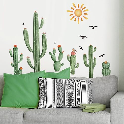 Miniatura 1 de Calcomanías de pared de cactus bohemios, plantas verdes de cactus tropicales, calcomanías de pared botánica para sala de estar, guardería, aula,