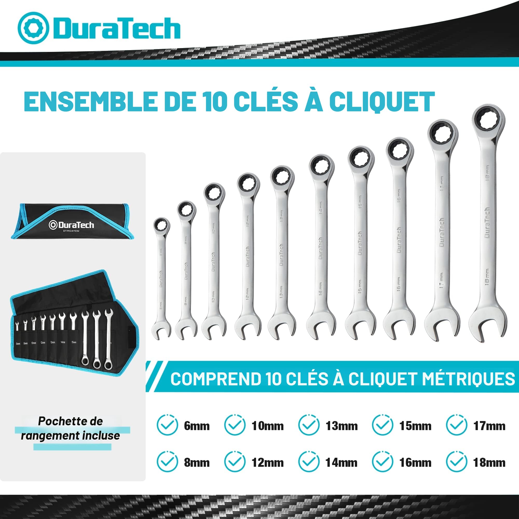 DURATECH Lot de Clé Plate à Cliquet 10 pièces 6-18 mm, Jeu de Clés Mixtes à Cliquet en Acier au Chrome Vanadium, 72 Dents 5° Angle Reprise, Métrique, avec Pochette Enroulable