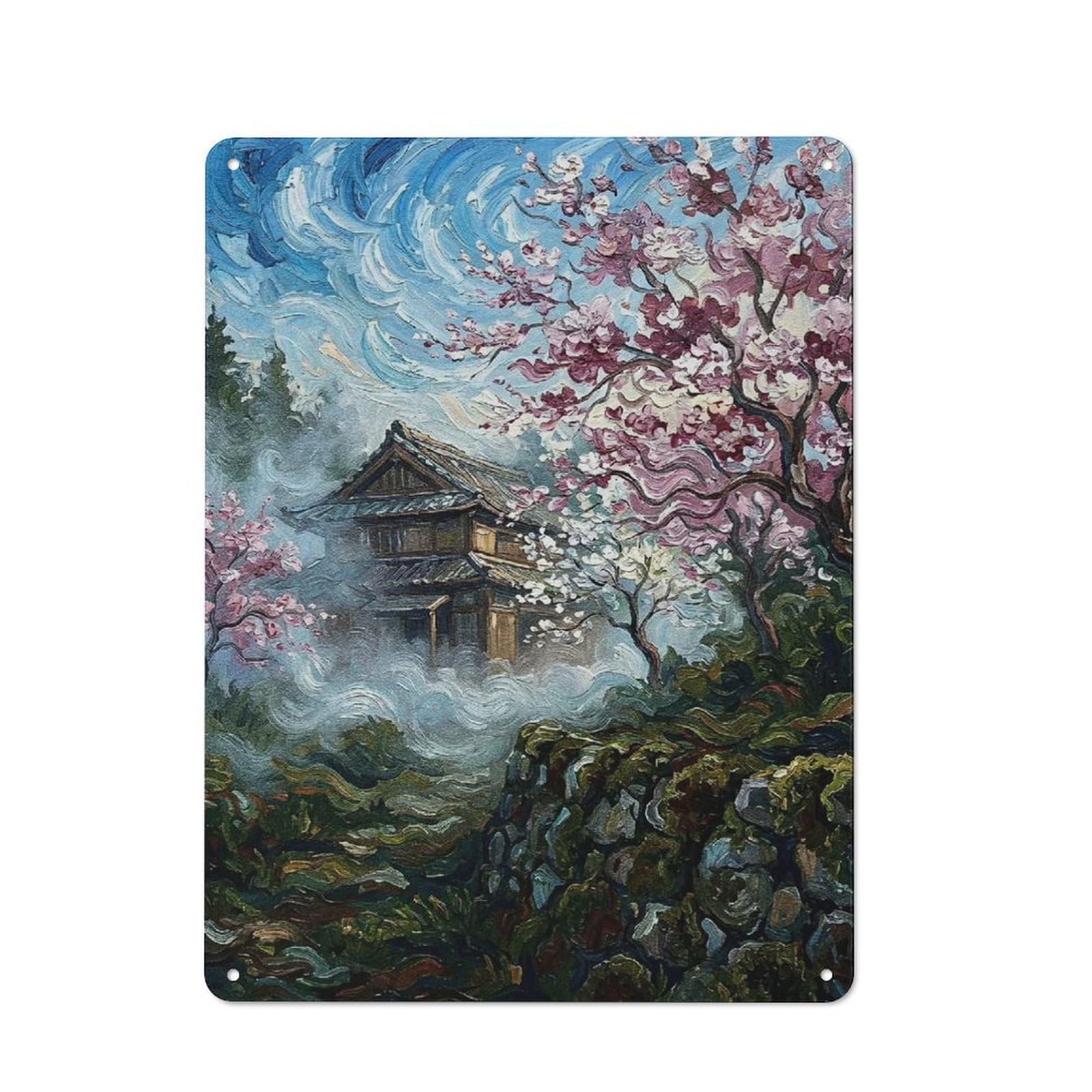 Junmoney Style-21 Misty Japanese House With Cherry Blossoms Retro Metal Wall Decor 40X30cm, Vintage Metal Sign For Cafe, Pub, Workshop Or Home Bar
