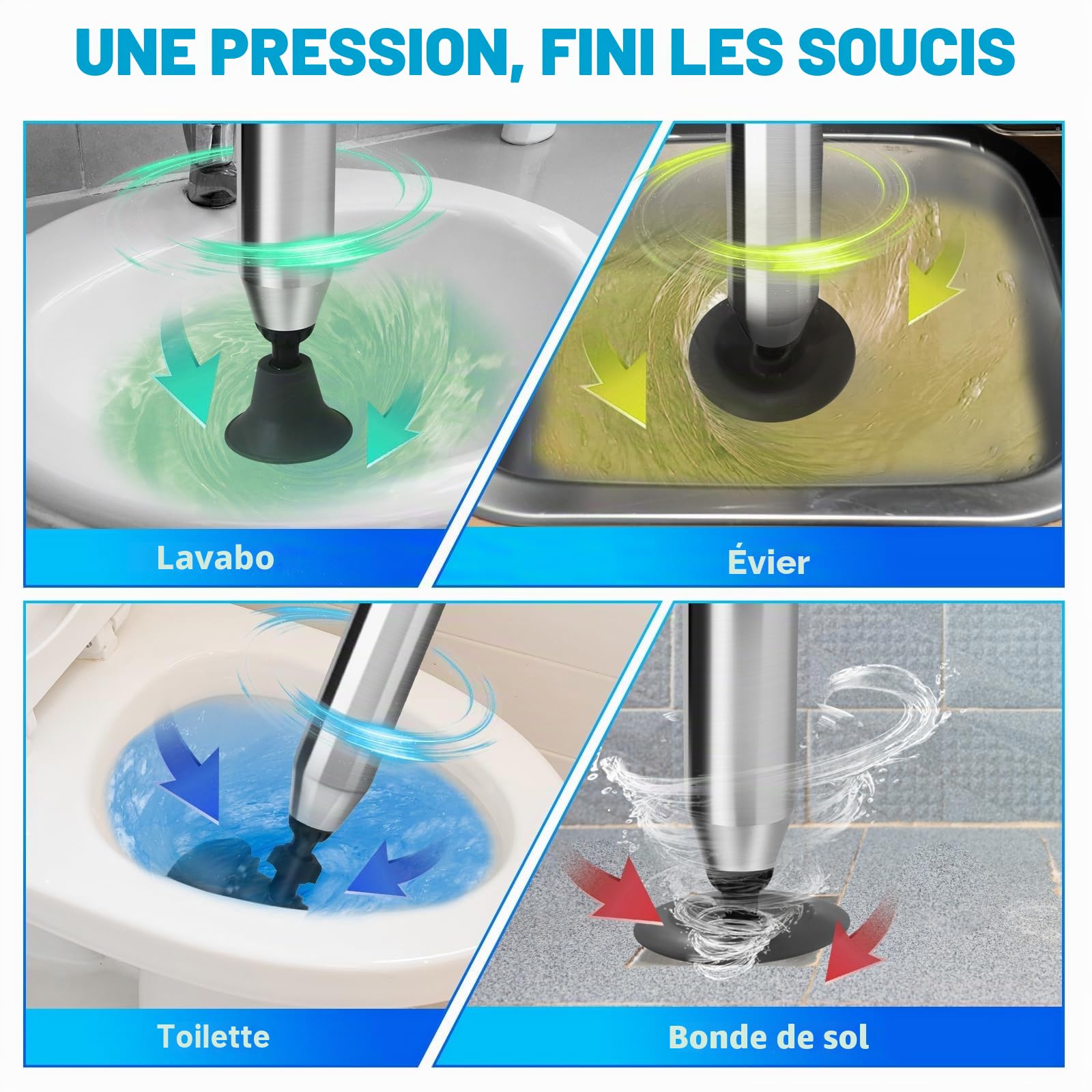 Deboucheur WC, 4-en-1 à Air Comprimé Ventouse Haute Pression Piston Puissant, Toilette/Évier/Baignoire, Anti-Bouchons Cheveux/Papier, avec 3 Têtes Remplaçables + Baromètre + Gonfleur