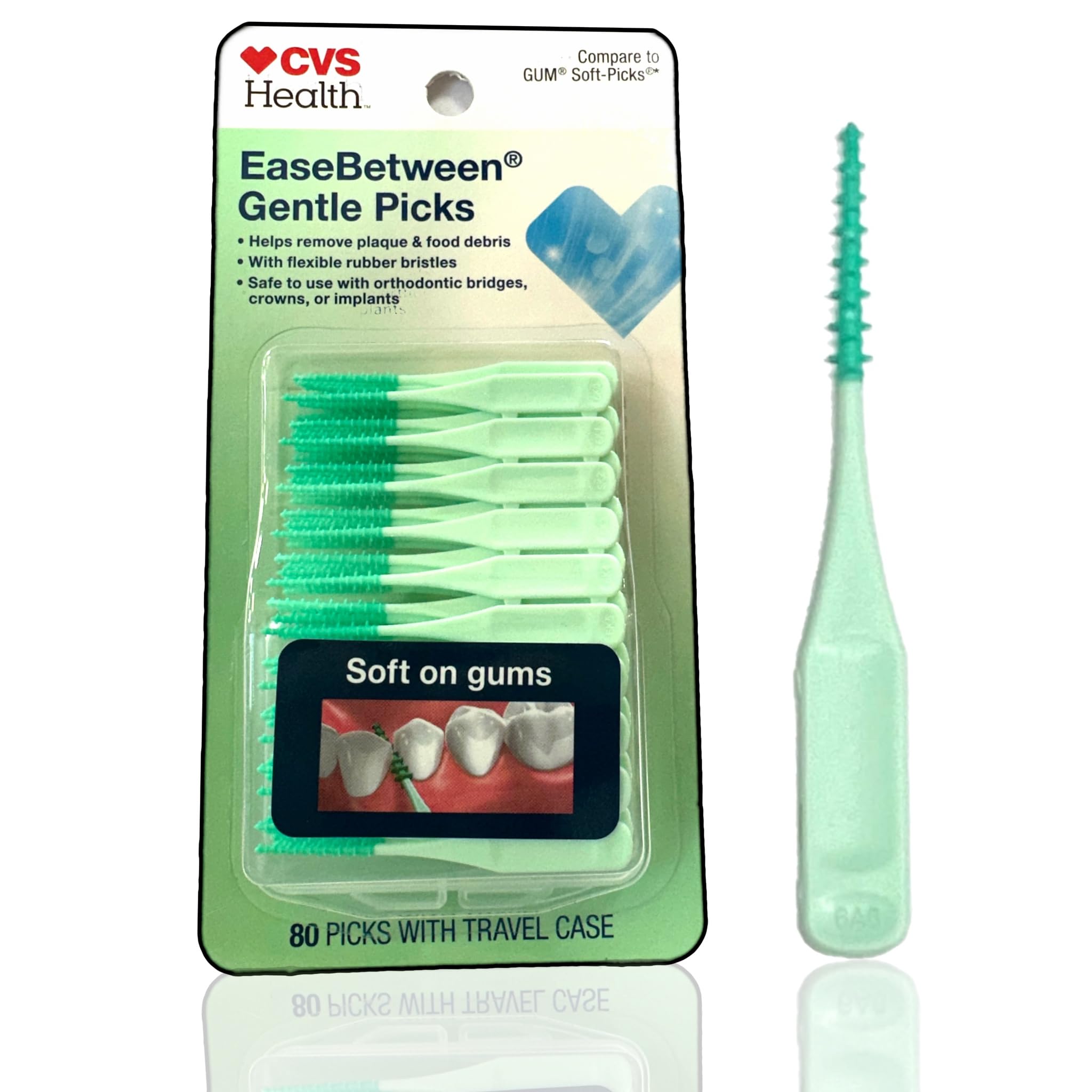 CVS Health 80pc Premium Quality Soft Bristle EaseBetween Gentle Picks Flexible Rubber Bristles Safe On Braces Bridges Crowns Implants - Includes Convenient Travel Case