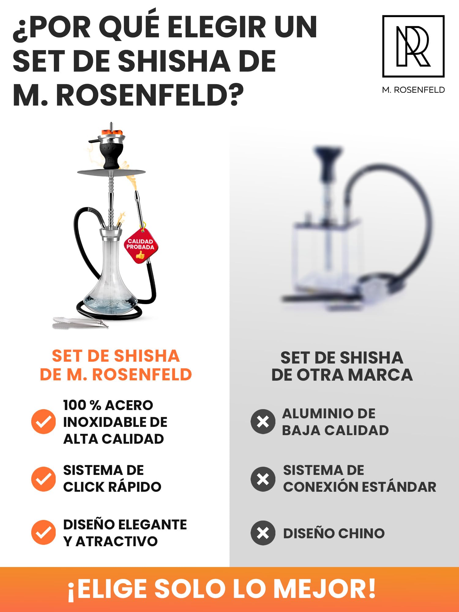 M. ROSENFELD Shisha de Acero Inoxidable V2A | Set Completo con Manguera y Cabezal | Hookah Premium con Cámara Cerrada y 1 Conexión (para 2 Mangueras) (Steel One)