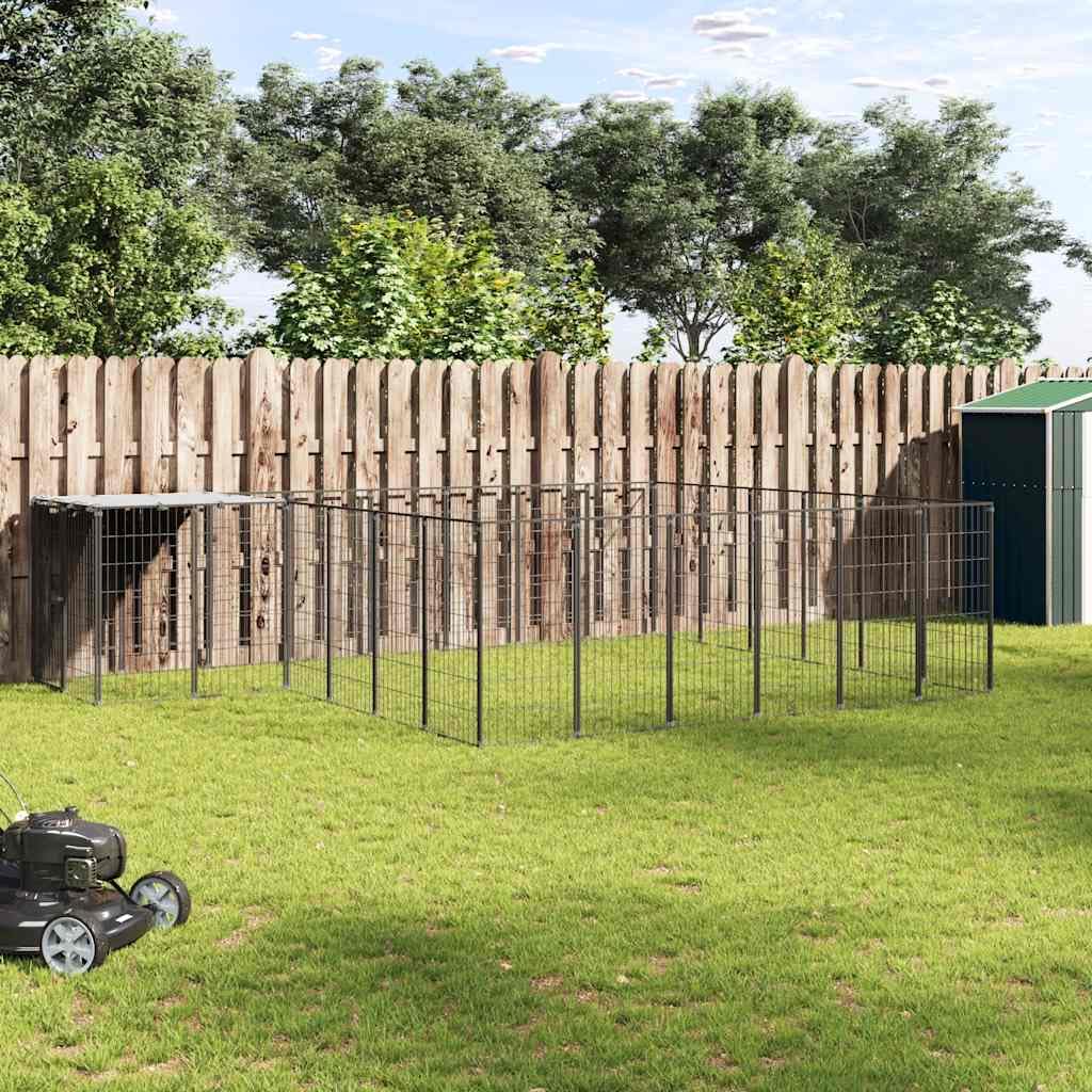 Perrera negra de acero de 12,1 m² con techo resistente al agua, puerta con cerradura, resistente cercado para jardín y exterior, salida segura y protección para cachorros y perros