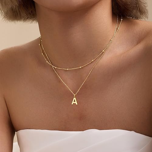 Miniatura 2 de Collares con inicial para mujer, chapados en oro de 14 quilates, delicados collares con dije de letra A-Z en capas para mujer, collar personalizado