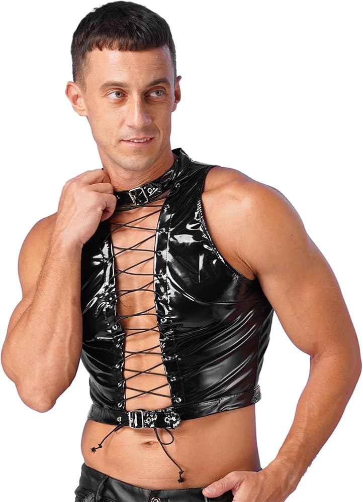 Fldy Men's Metallic Shiny Hollow Out Lace-Up Gothic Vest Criss