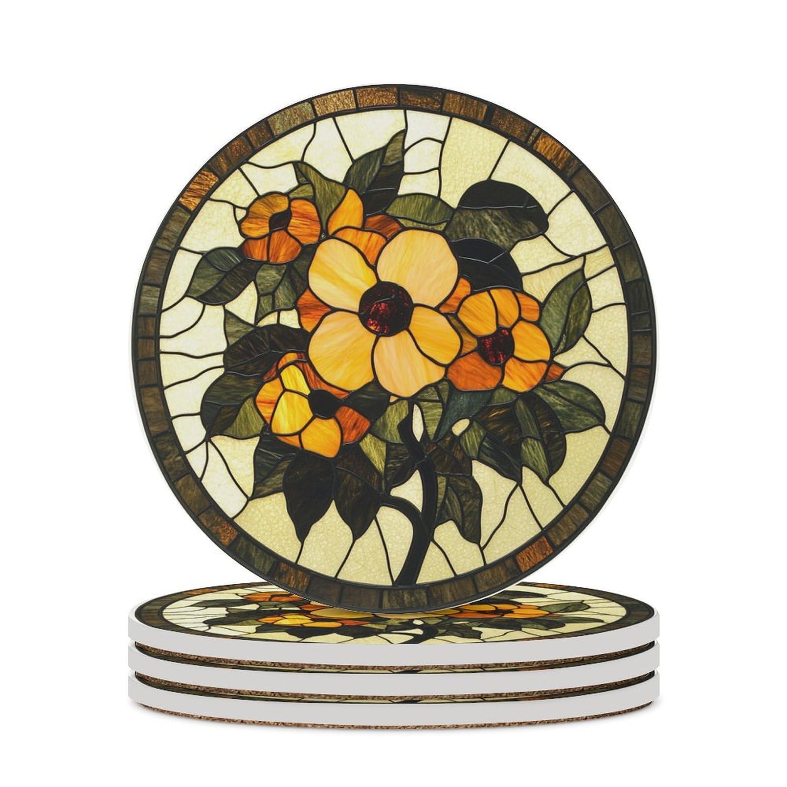 Stained Glass Yellow And Orange Flowers Coasters Set of 4 Absorbent Coasters