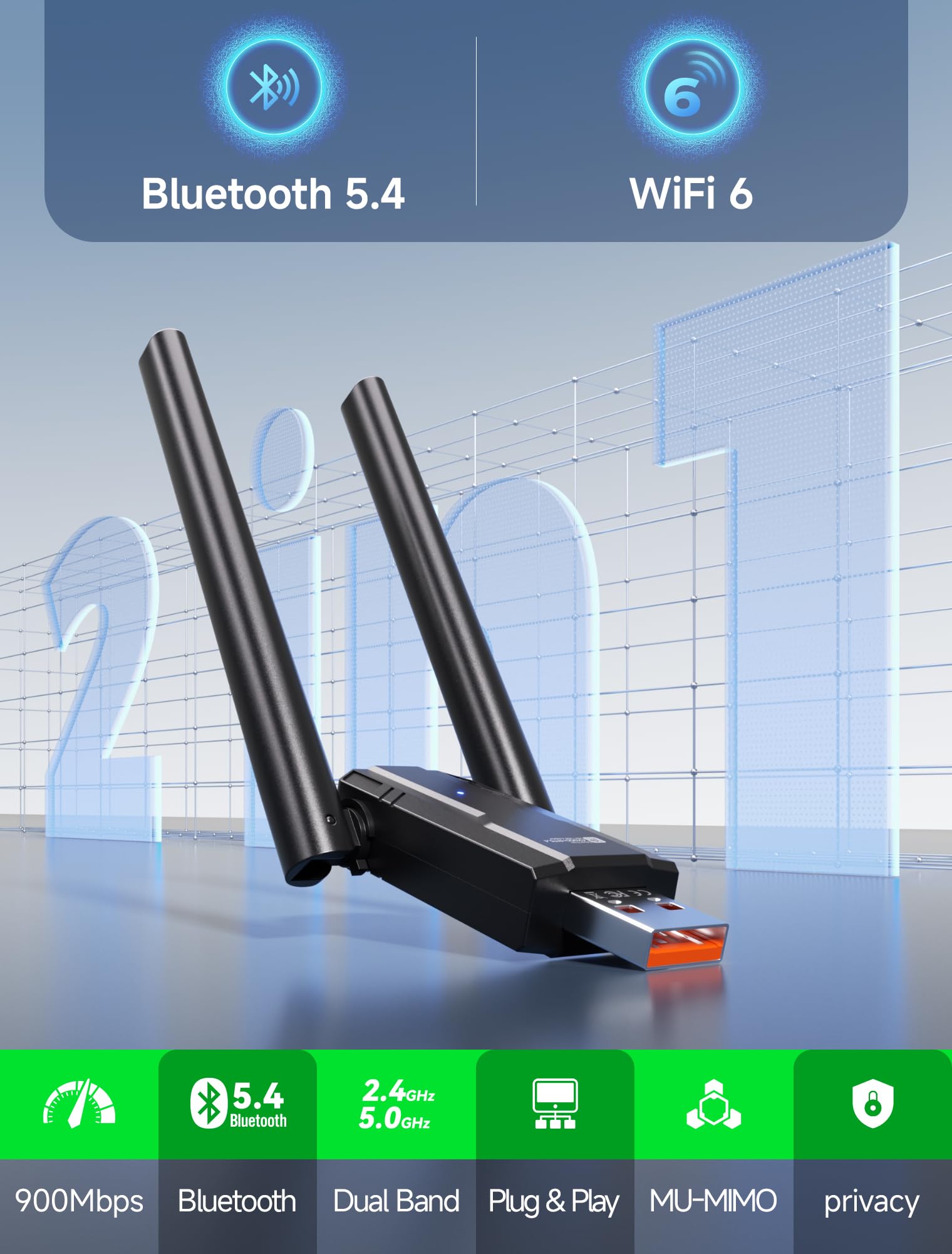 2 in 1 Adaptador Bluetooth para PC 5.4, WiFi USB para PC 900Mbps 2.4GHz/5.0GHz, Adaptador WiFi para PC con 5dBi Antena WiFi PC, Plug y Play, Dongle Bluetooth con Windows 11, 10