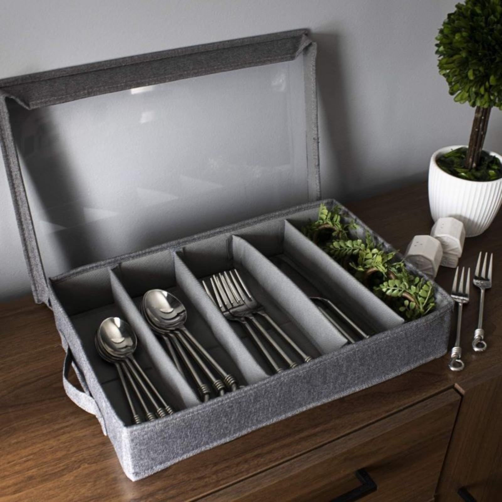 Générique Boîte de rangement pour couverts, organiseur de tiroir, étui à couverts avec 4 séparateurs ajustables, couvercle amovible, organisateur de tiroir de cuisine et rangement pour déchets.